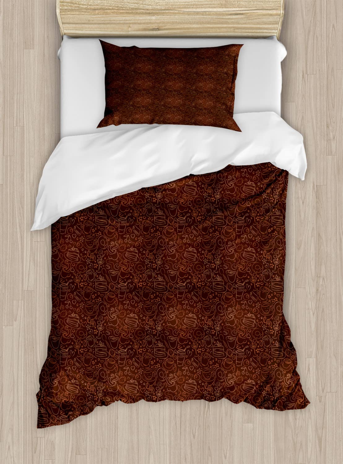 Ambesonne Chocolate Themed Duvet Cover Set - Coffee Time Design with Hand-Drawn Cakes, Fruits, Donuts & Hearts, 2-Piece King Size Bedding Set (Includes 2 Duvet Covers & 4 Pillowcases) - Dark Brown Cinnamon Color - Perfect for Cozy Bedrooms, Guest Rooms & Chocolate Lovers' Home Decor