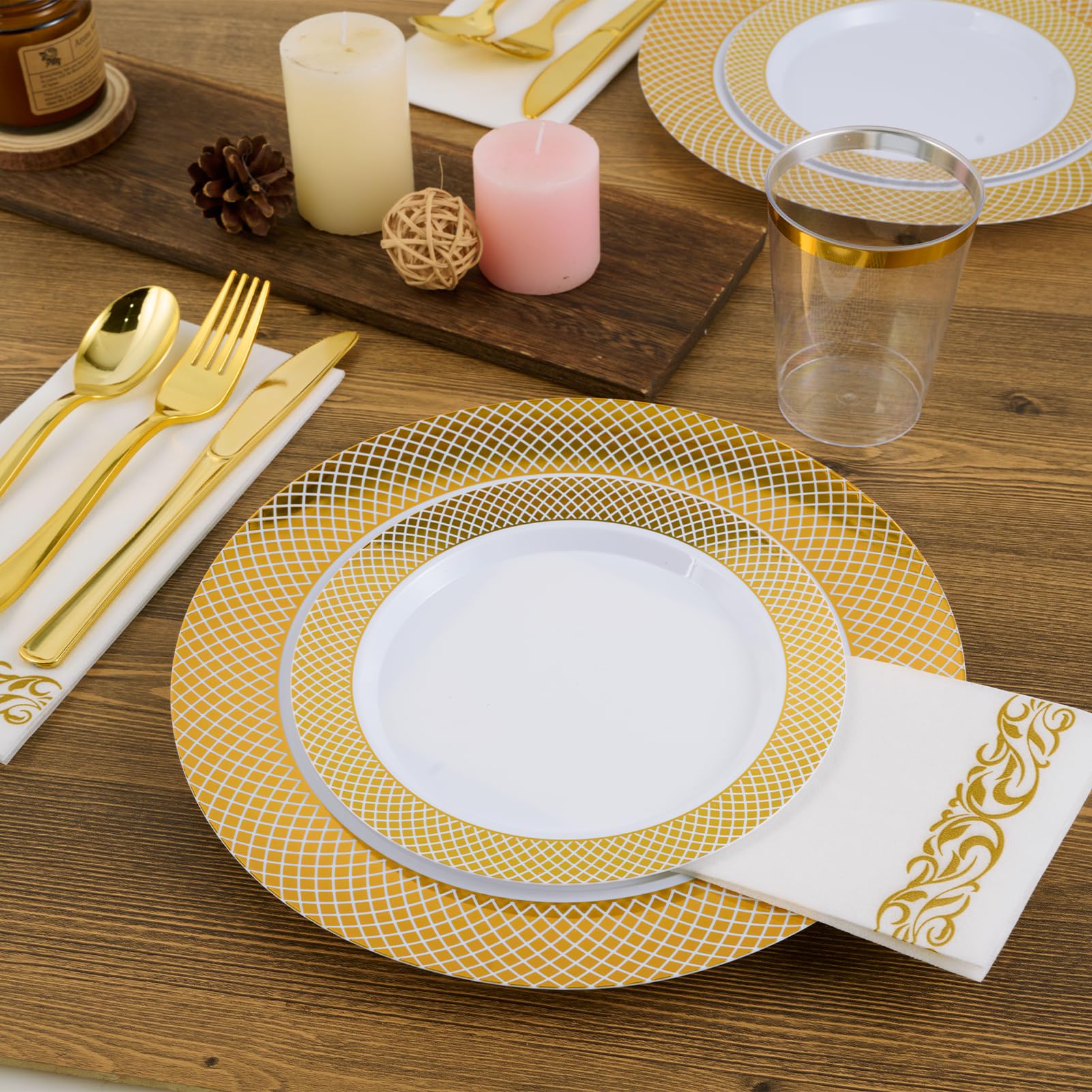 FOCUSLINE 102-Pack Gold Plastic Plates Set - 51 Elegant 10