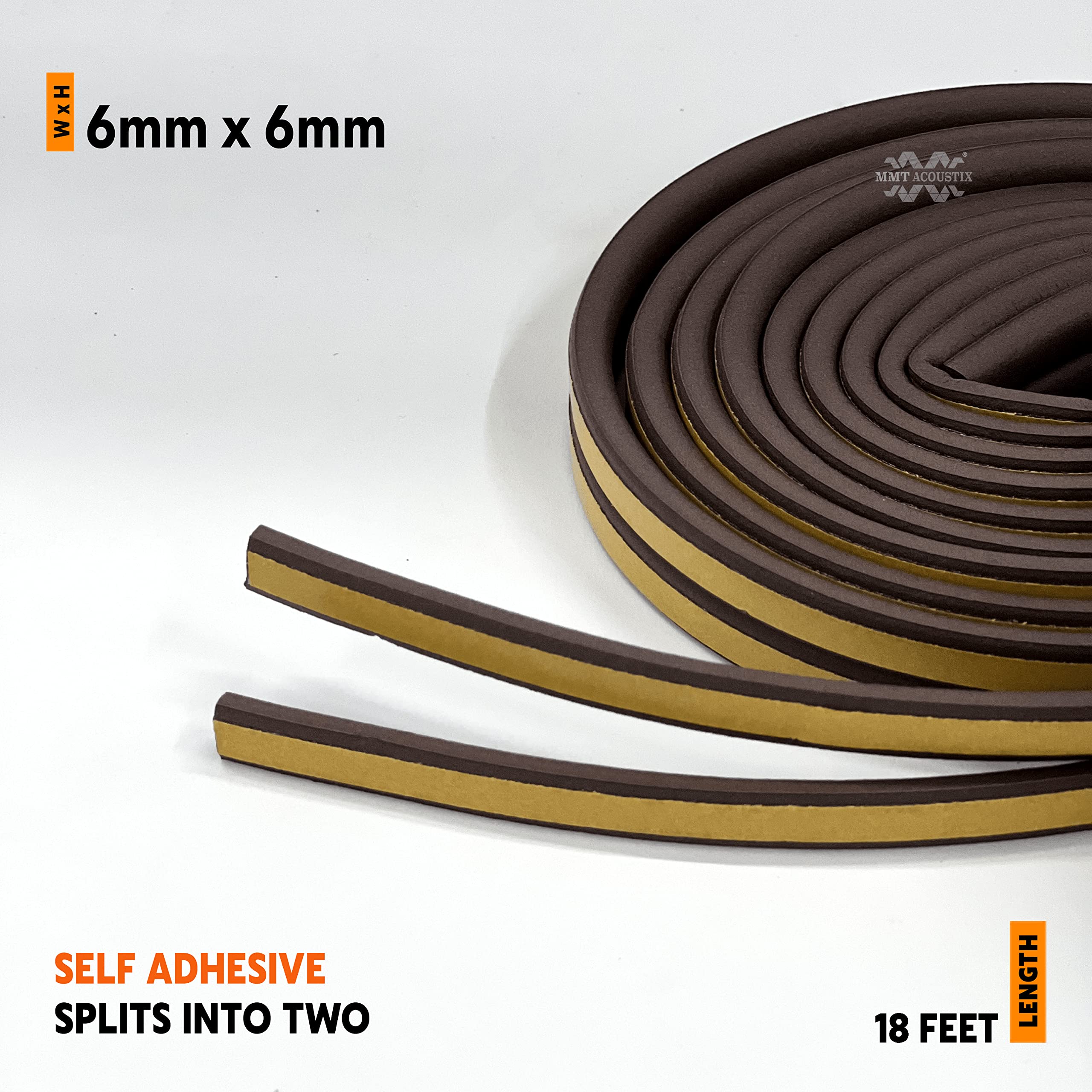 MMT Acoustix® 1-Piece EPDM D-Shaped Self-Adhesive Weatherproof & Soundproof Door/Window Seal Tape - 18 Feet Brown for DIY Home Improvement | Perfect for Noise Reduction and Energy Efficiency in Homes, Offices, and Studios