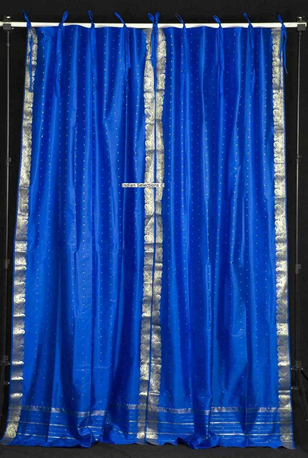 Indian Selections Lined-Island Blue Tie Top Sheer Sari Cafe Curtain Drape Panel - 43W x 24L - Pair of 2 - Elegant Window Treatment for Kitchen, Dining Room & Bathroom Decor