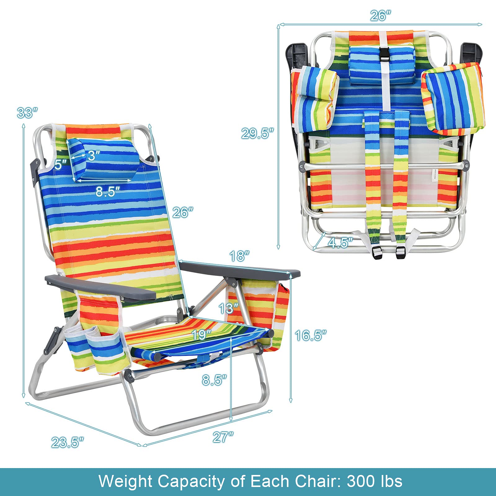 GYMAX 2-Pack Portable Backpack Beach Chairs with Cooler Bag, Cup Holder & Pockets - Lightweight Folding Camping Chairs for Outdoor, Picnic, Travel, Beach Sunbathing & Backyard Relaxation (Yellow Strip)