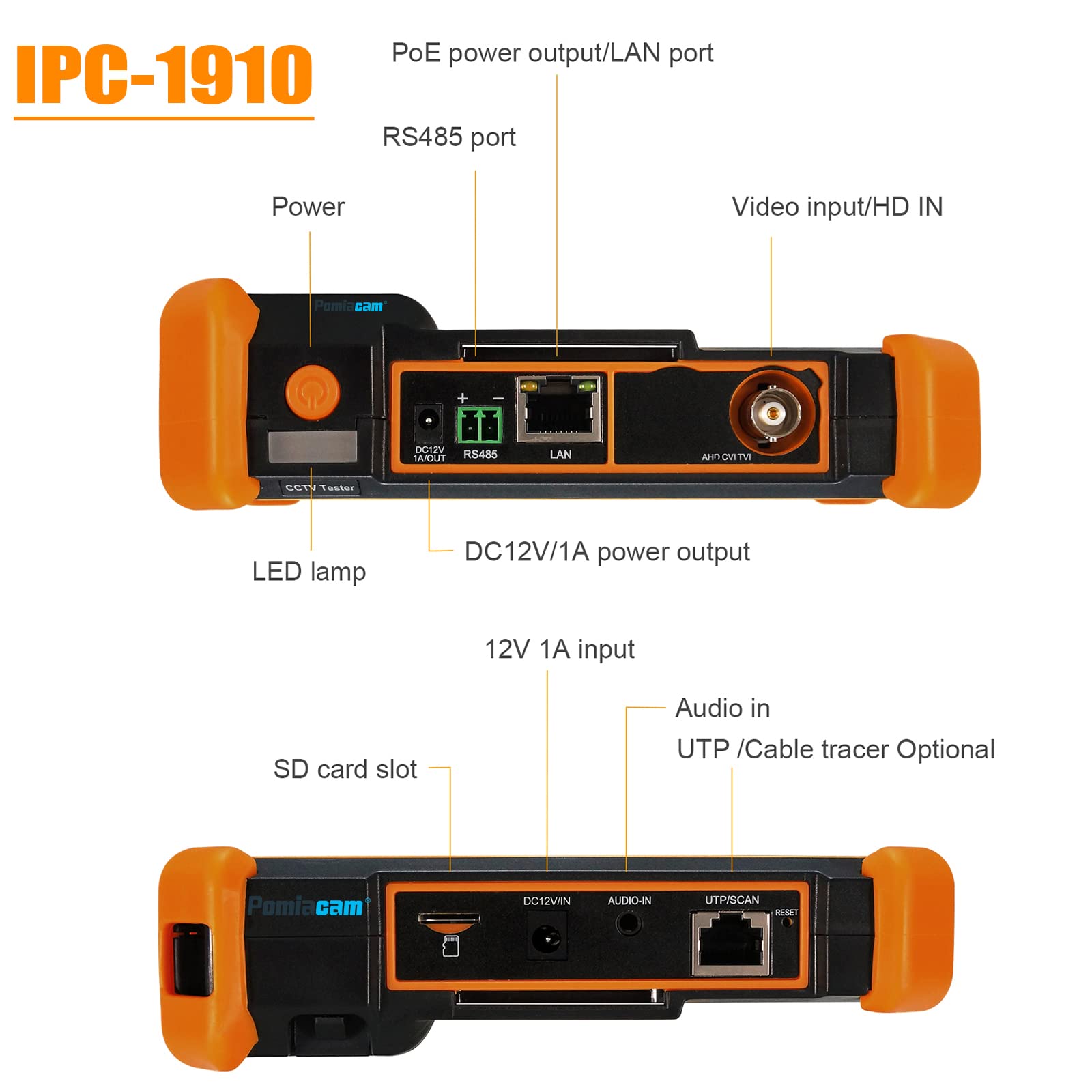 IPC-1910 Plus 4 Inch Touch Screen IP Camera Tester - 8K/4K/8MP Resolution, Supports H.265, POE, PTZ, WiFi & RS485 - Compatible with Coax, AHD, CVI, TVI Cameras - Ideal for CCTV Installation, Security System Testing & Camera Maintenance