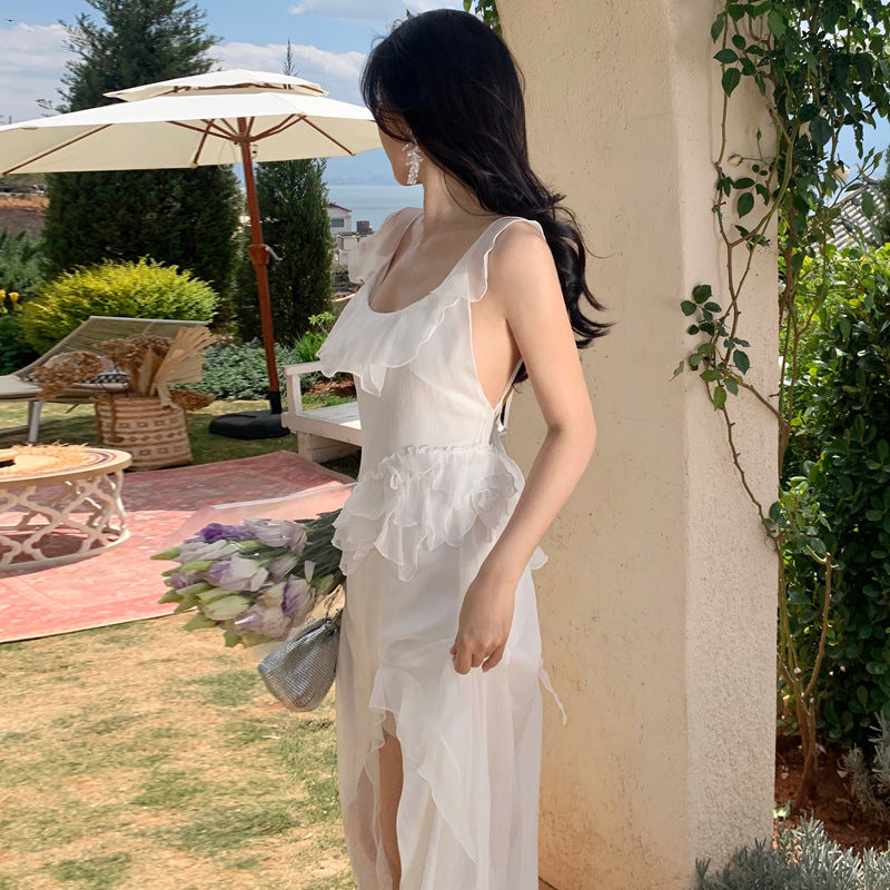 French Summer Open Back Dress - Elegant Fairy White Maxi Dress for Women | Perfect for Beach Vacations, Weddings & Date Nights