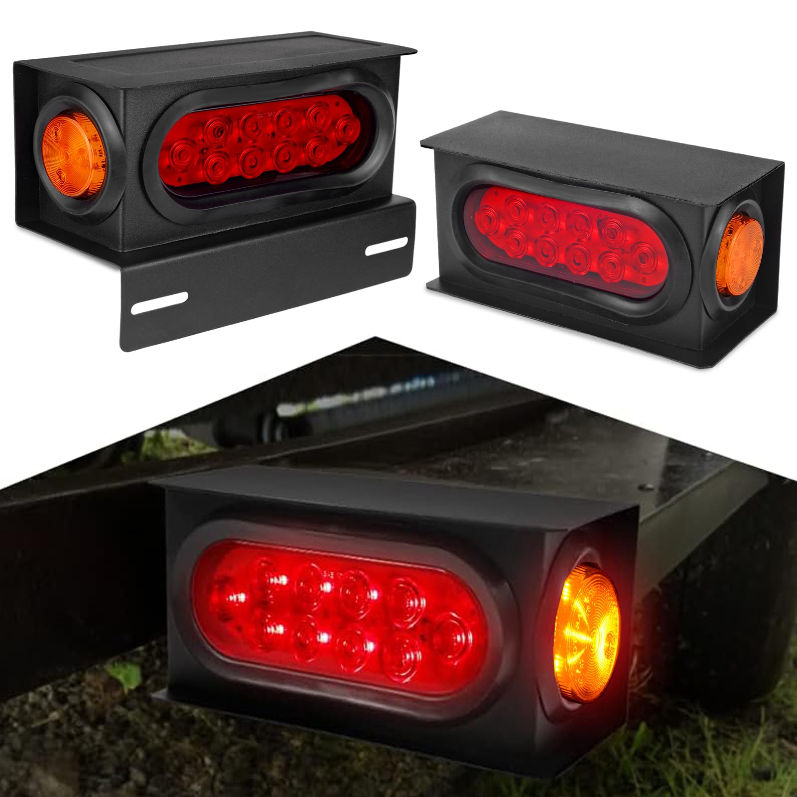 LIMICAR 6 Inch Oval LED Trailer Tail Lights Kit with 2 Inch Round Amber Marker Lights - 2PCS Waterproof Trailer Light Boxes with Grommet Plugs - Perfect for Semi Trucks, Boat Trailers & Utility Trailers