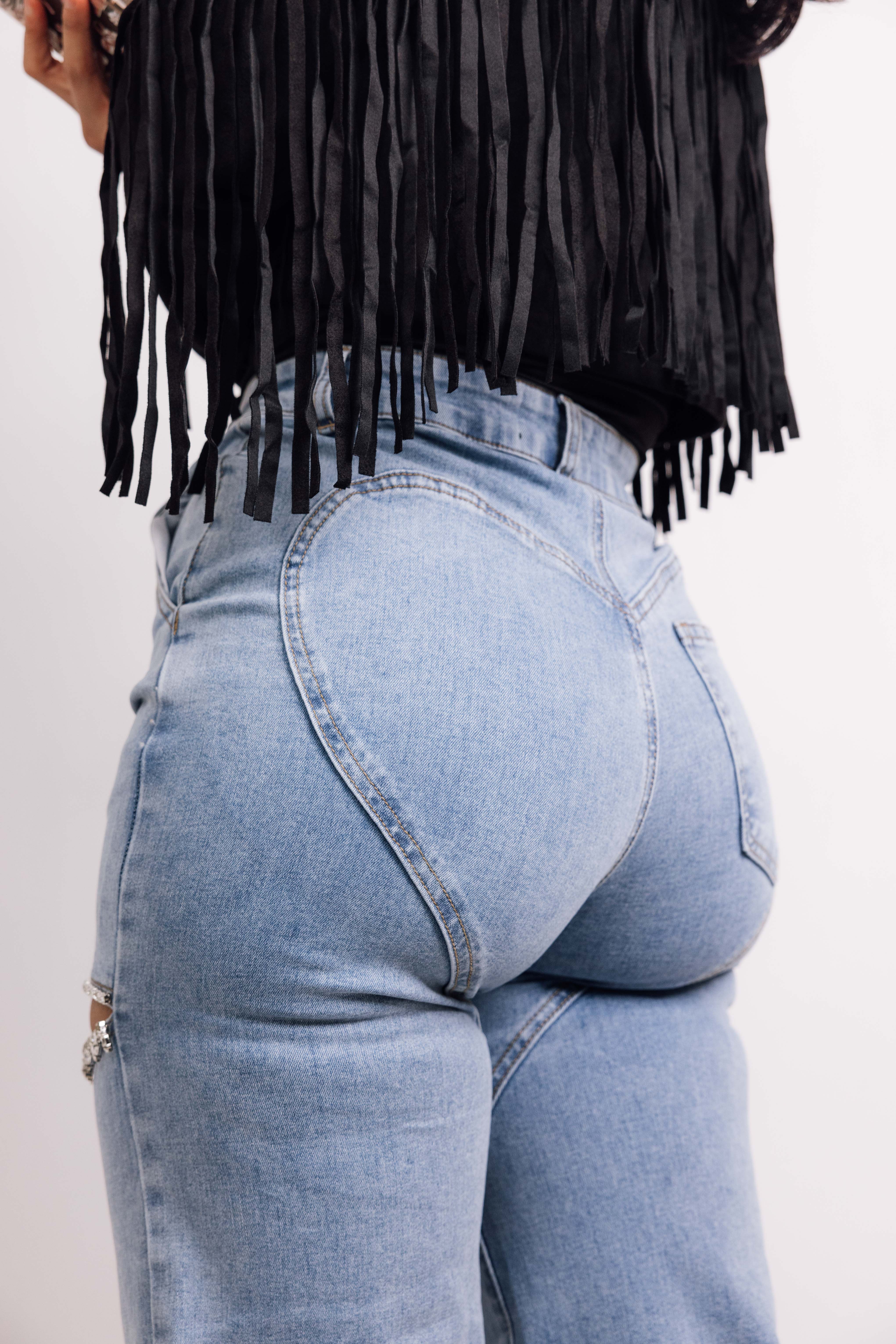 Stylish Washed Denim Rhinestone Cutout Jeans for Women - Trendy High Waist Skinny Jeans with Embellishments | Perfect for Night Out, Party & Casual Wear