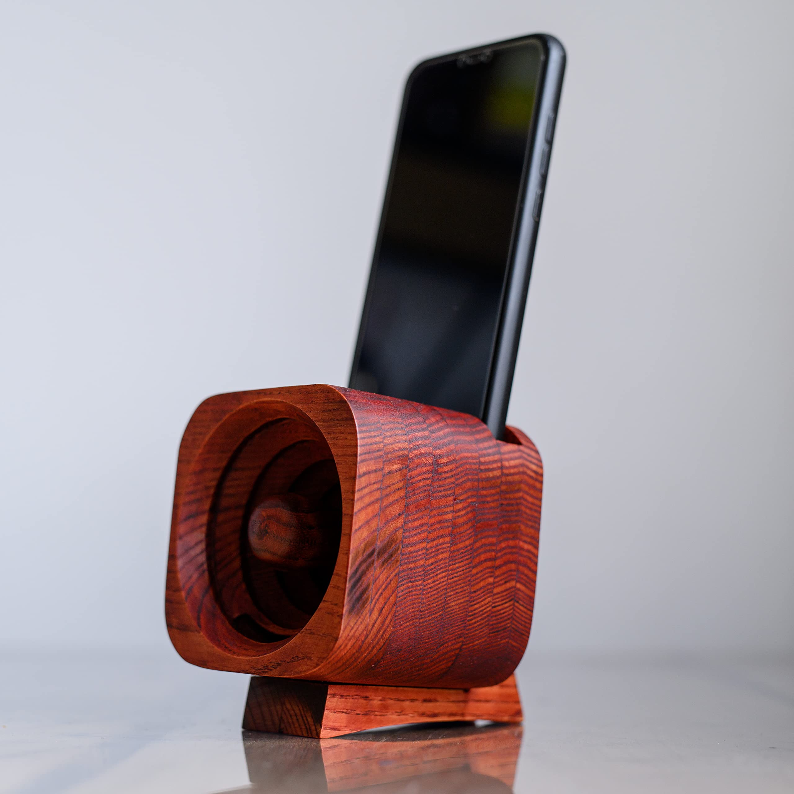 Premium Handmade Red Ash Wood Phone Speaker Amplifier - Natural Sound Booster & Smartphone Stand for Home, Office, and Outdoor Use