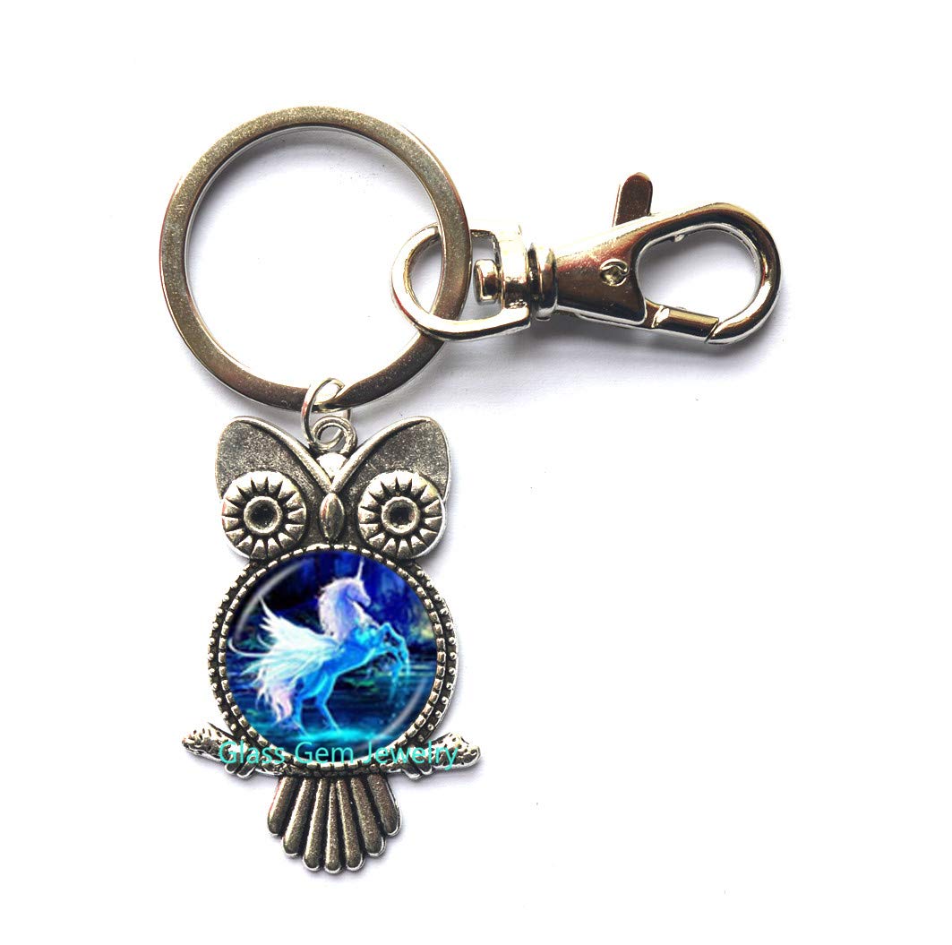 Moonlight Unicorn & Winged Horse Glass Cabochon Keychain - Owl Jewelry Pendant for Necklace & Key Ring - Women's Fashion Accessories (Q0224 Y1) - Perfect Gift for Birthday, Christmas & Daily Wear
