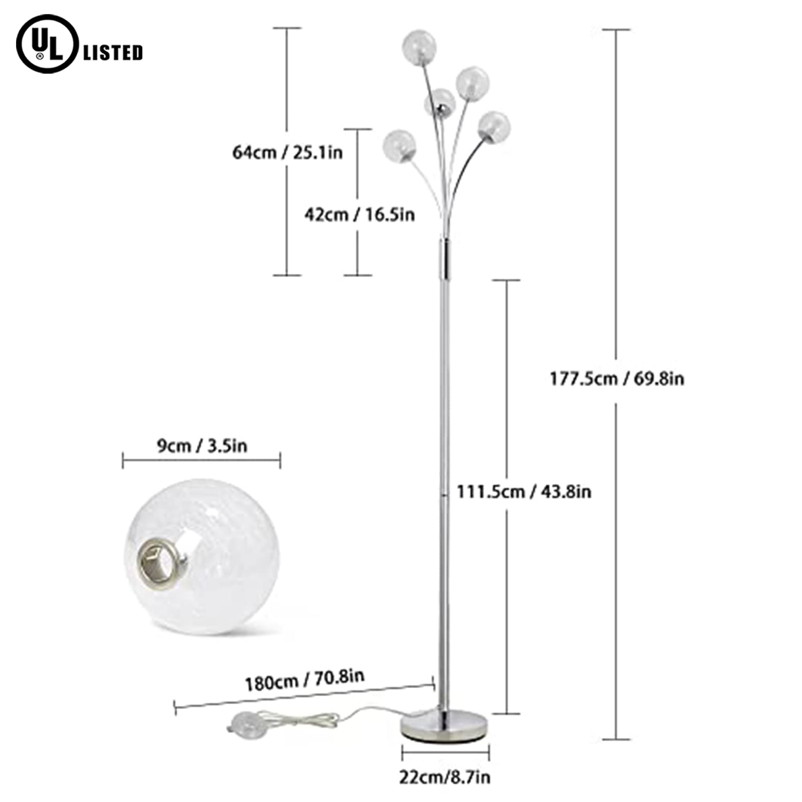 Modern Globe LED Floor Lamp - 5-Light Standing Tree Lamp for Living Room & Bedroom, Tall Pole Accent Lighting for Mid Century & Contemporary Homes, Silver Glass Shade (G9 Bulb Not Included) - Perfect for Reading Nooks, Lounge Areas & Bedside Lighting