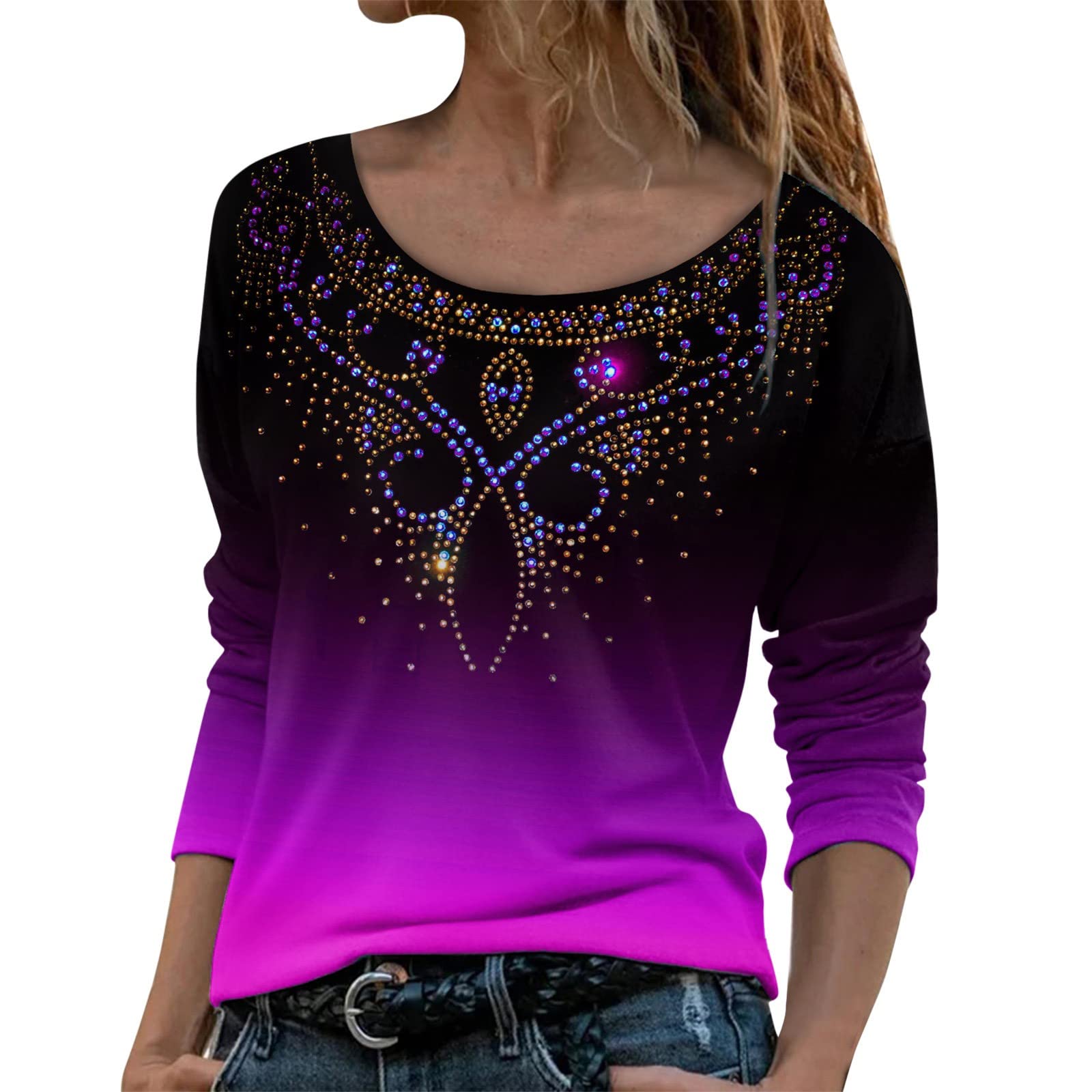 Women's Butterfly Graphic Tunic Top - Casual Long Sleeve Round Neck Loose Fit Tee for Fall | Perfect for Office Wear, Weekend Outings & Layering