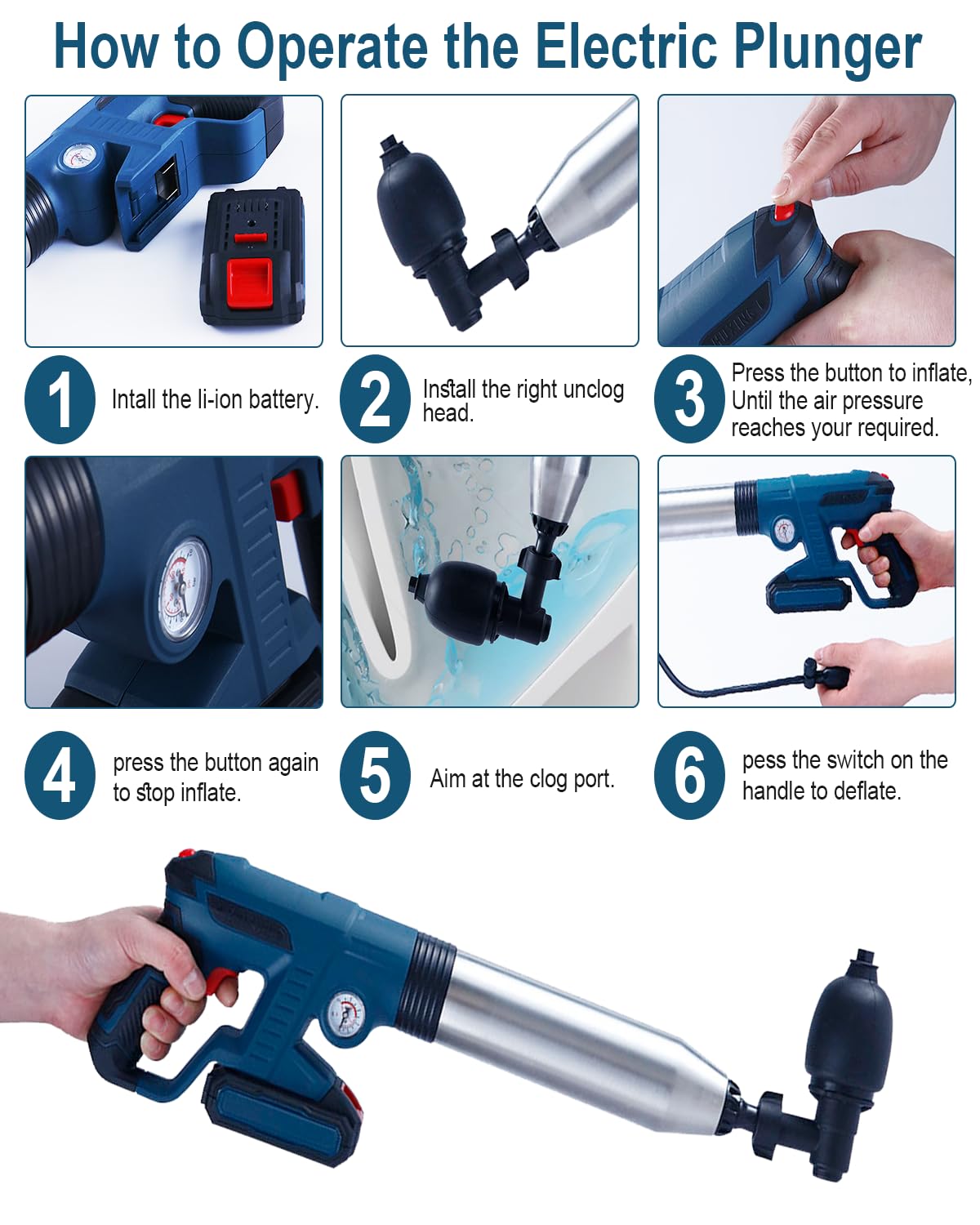 Electric Toilet Plunger with High Pressure Air Pump - Heavy Duty Drain Clog Remover Tool with Built-In Battery - Powerful Air Drain Blaster for Toilets, Sink, Bathtubs & Floor Drains (Blue) - Perfect for Home, RV & Commercial Plumbing Emergencies