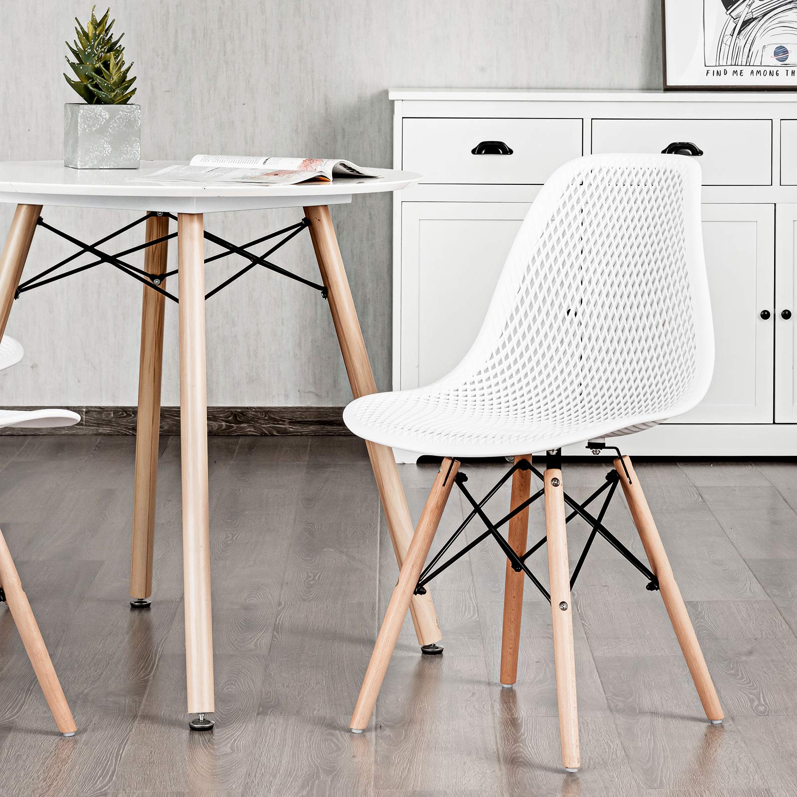 Giantex Set of 4 Modern Dining Chairs - Indoor/Outdoor Shell PP Lounge Side Chairs with Breathable Mesh Design & Sturdy Beech Wood Legs, Tulip-Style Leisure Chairs for Kitchen, Dining Room, Patio, or Office - White