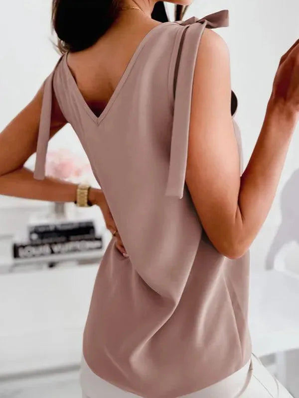 Women's Bow V-Neck Knit Tank Top - Soft Stretchy Summer Casual Wear for Beach, Office & Everyday Outfits