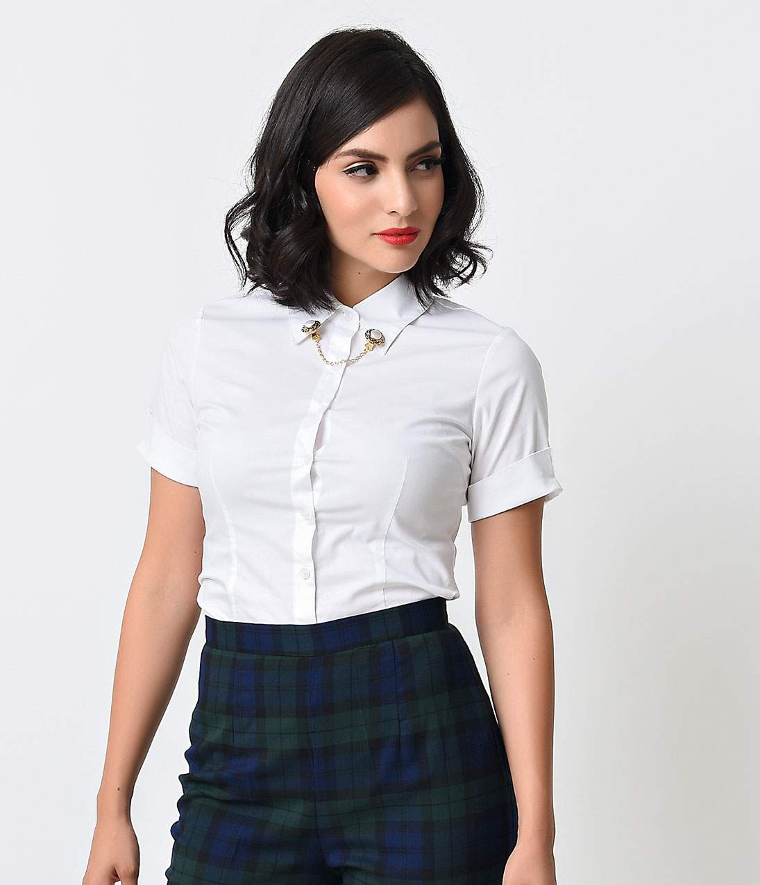 Vintage 1960s White Collared Short Sleeve Button Up Blouse for Women - Retro Office Wear & Casual Summer Outfits