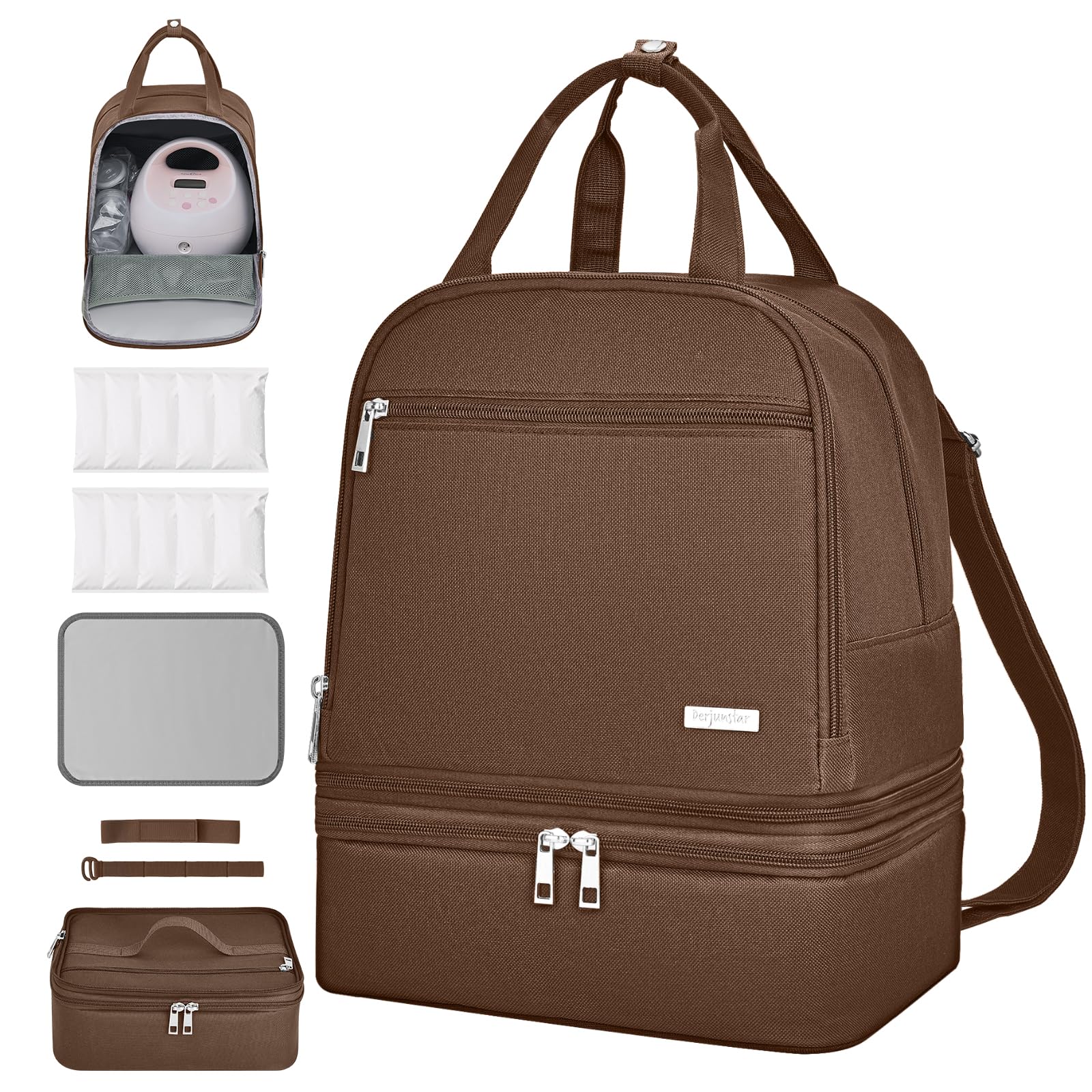 DERJUNSTAR Breast Pump Backpack - Insulated Breast Pump Bag for Nursing Moms, Hands-Free Pumping Bag with Cooler Compartment (Brown) - Perfect for Work, Travel & On-the-Go Pumping