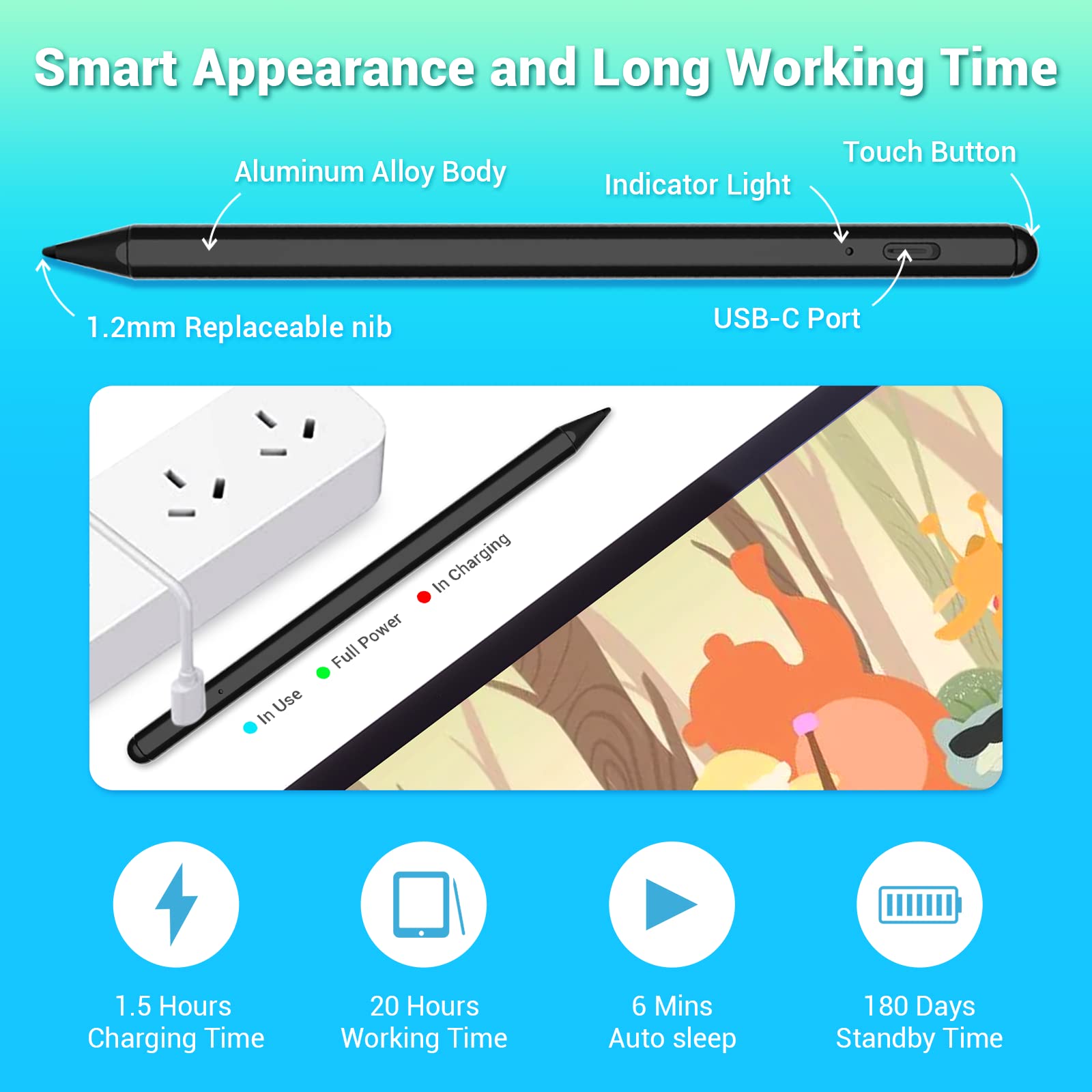 Premium Stylus Pen for iPad - Compatible with iPad Mini 6th/5th Gen, iPad 2018-2024 (9th/8th/7th/6th Gen), iPad Air 5th/4th/3rd Gen & iPad Pro 12.9/11 Inch - Palm Rejection Technology - Perfect for Drawing, Note-Taking & Digital Art (Black)