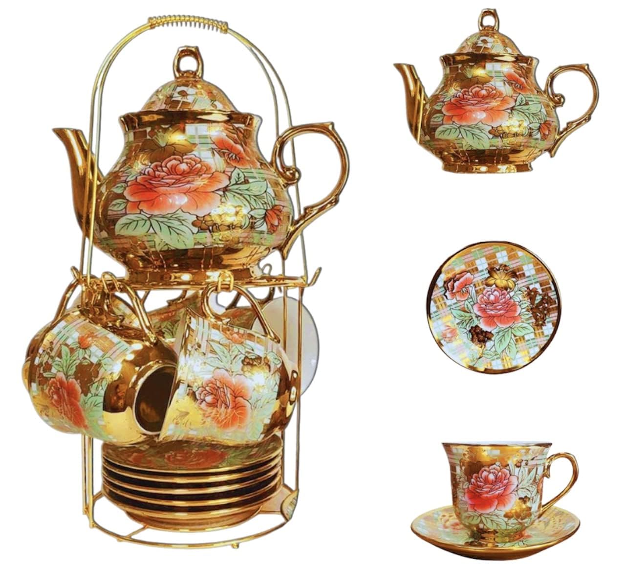 Premium 13-Piece Ceramic Tea Set with 800ML Teapot, 6 Cups (180ML Each), Saucers & Stand - Elegant Random Patterns - Perfect for Afternoon Tea, Gifts & Home Decor