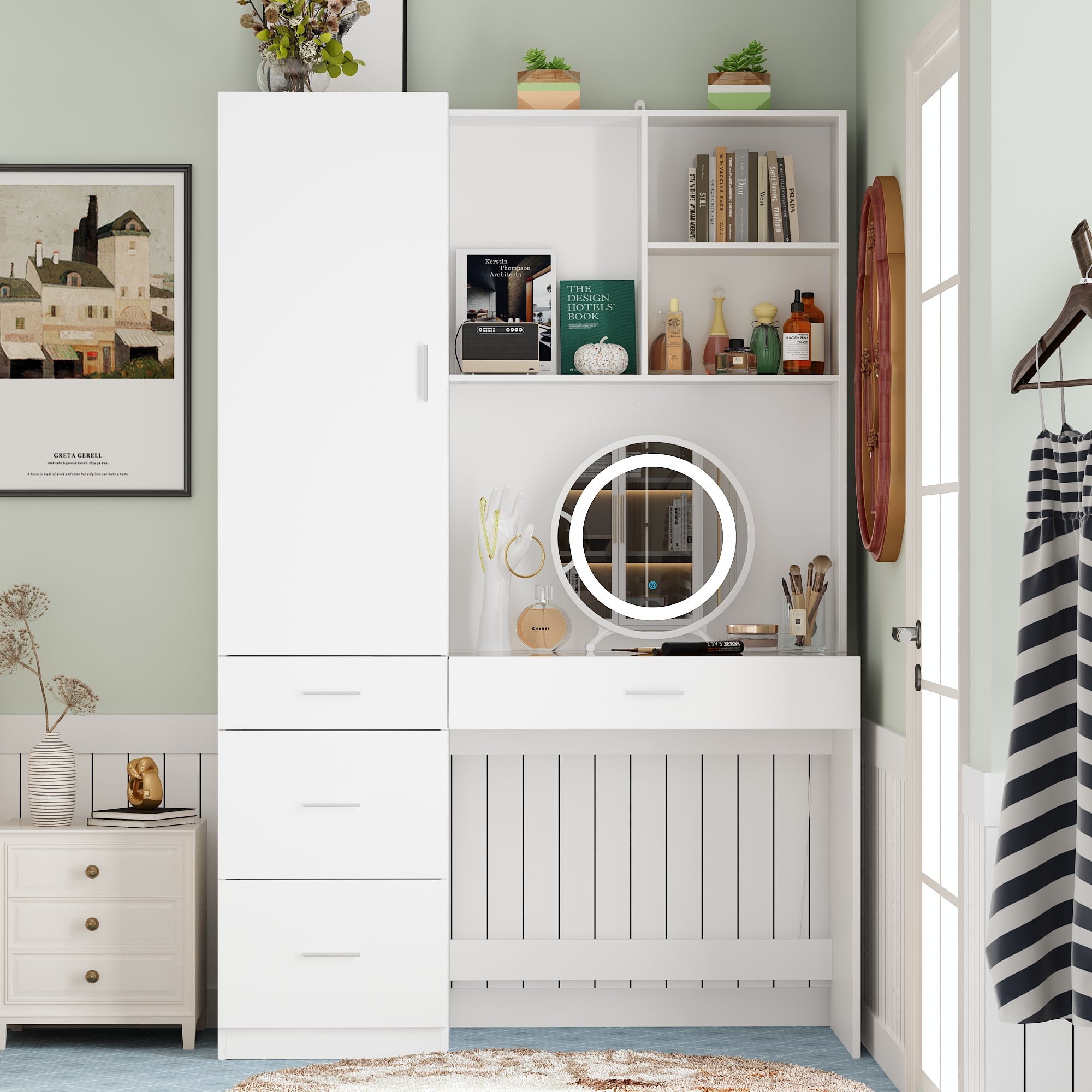 Modern Wardrobe with Dressing Table & Adjustable LED Lights - Perfect for Bedroom Organization and Vanity Makeup Area
