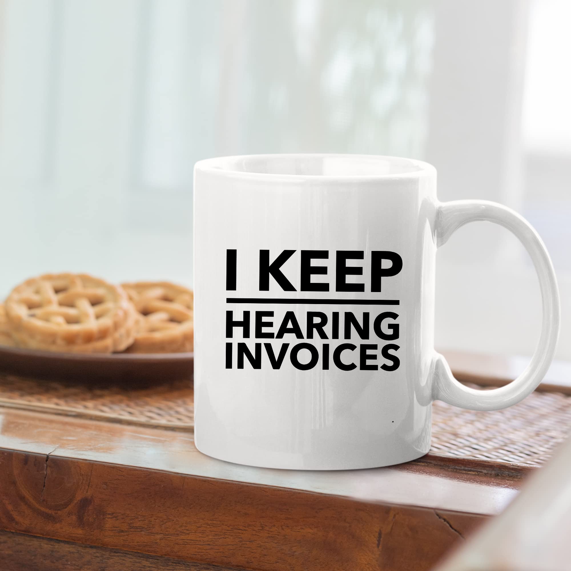 Panvola Funny Accountant Gift Mug - Ceramic Coffee Cup for Coworkers, Accounting Students & CPA Graduation - Novelty Drinkware with 'I Keep Hearing Invoices' Quote - Perfect Office Gift for Bookkeepers (White) - Great for Coffee Breaks & Workplace Humor
