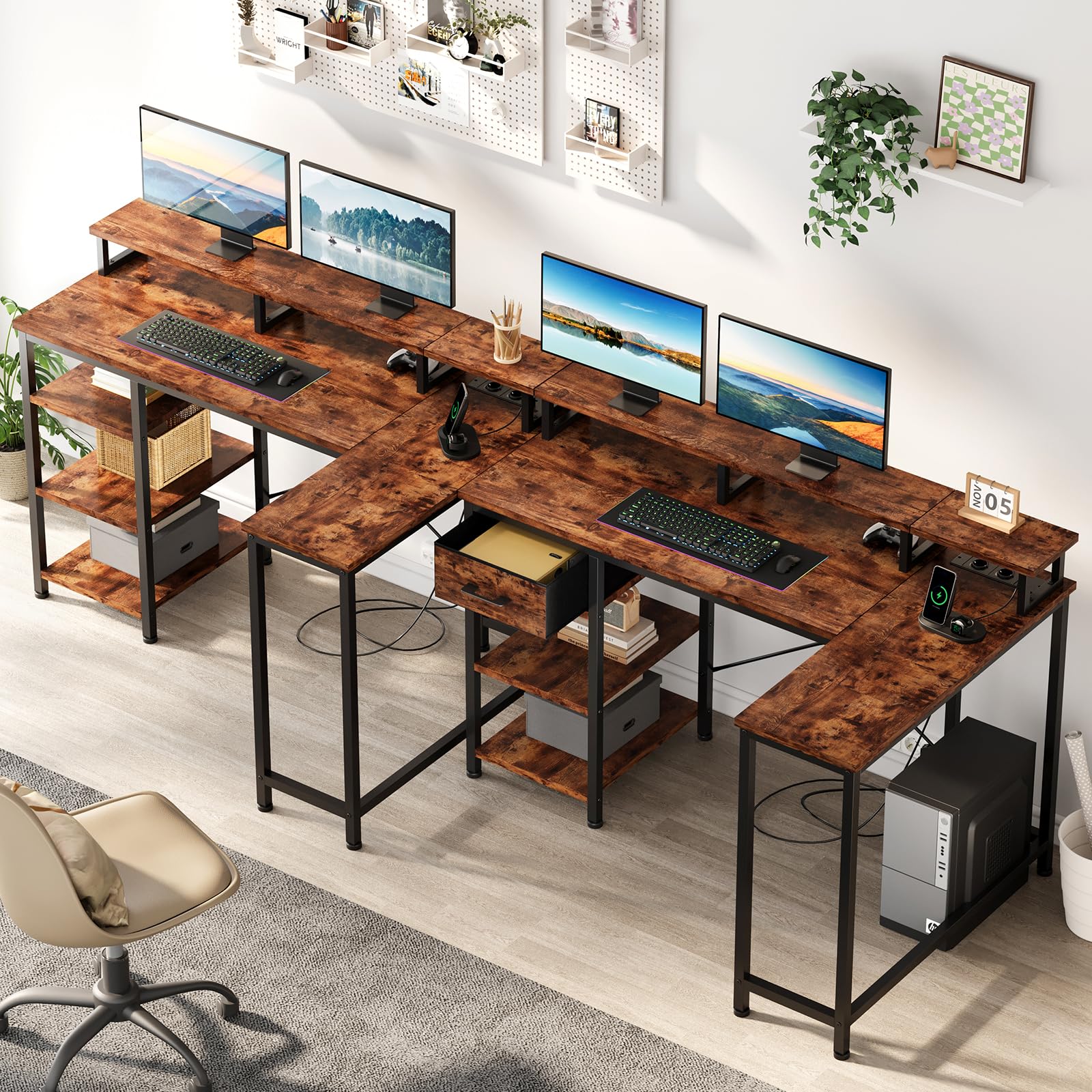 Dripex L-Shaped Corner Computer Desk with USB Charging Port, Monitor Stand & Power Outlet - Perfect for Home Office, Gaming & Study Setup