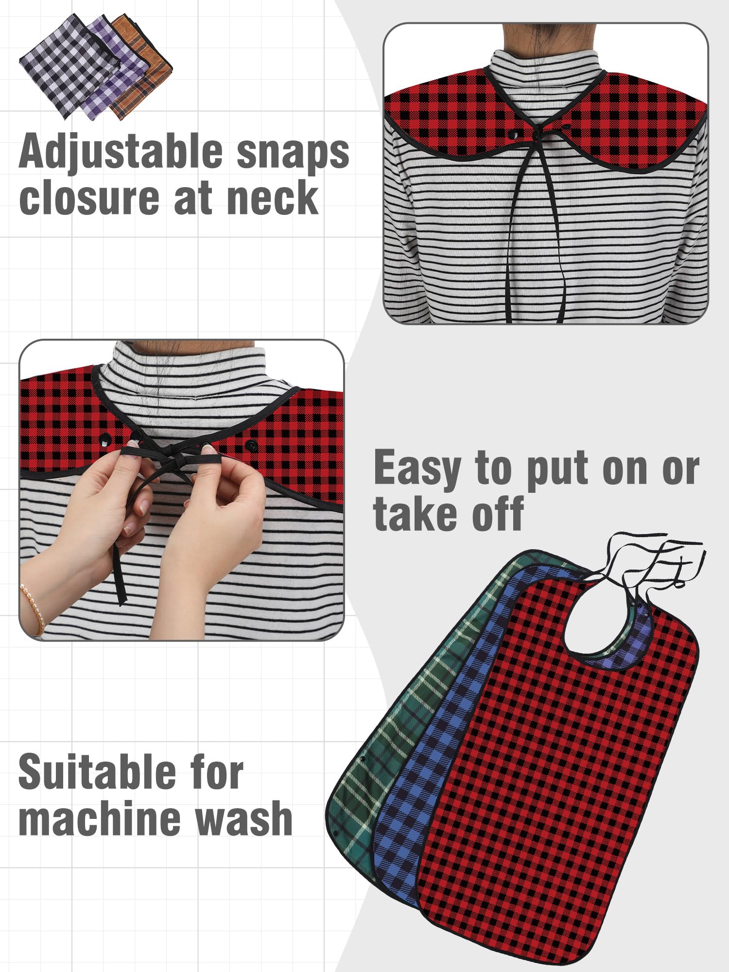 10 Pack Reusable Washable Waterproof Adult Bibs with Crumb Catcher - Large Eating Bibs for Men, Women & Elderly - Assorted Plaid Patterns - Perfect for Dining, Nursing Homes & Mealtime Protection