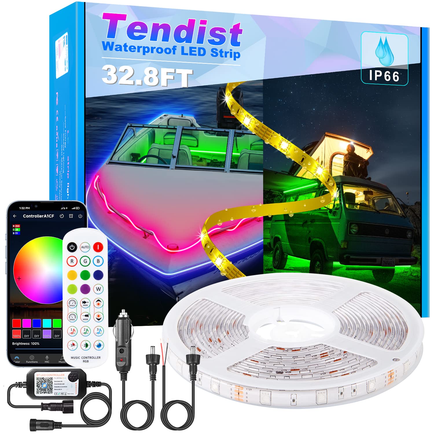 Tendist 32.8FT IP66 RGB LED Boat Lights Strip - 12V Waterproof Marine Lighting for Bass Boats & Kayaks - Perfect for Night Fishing & Deck Lighting