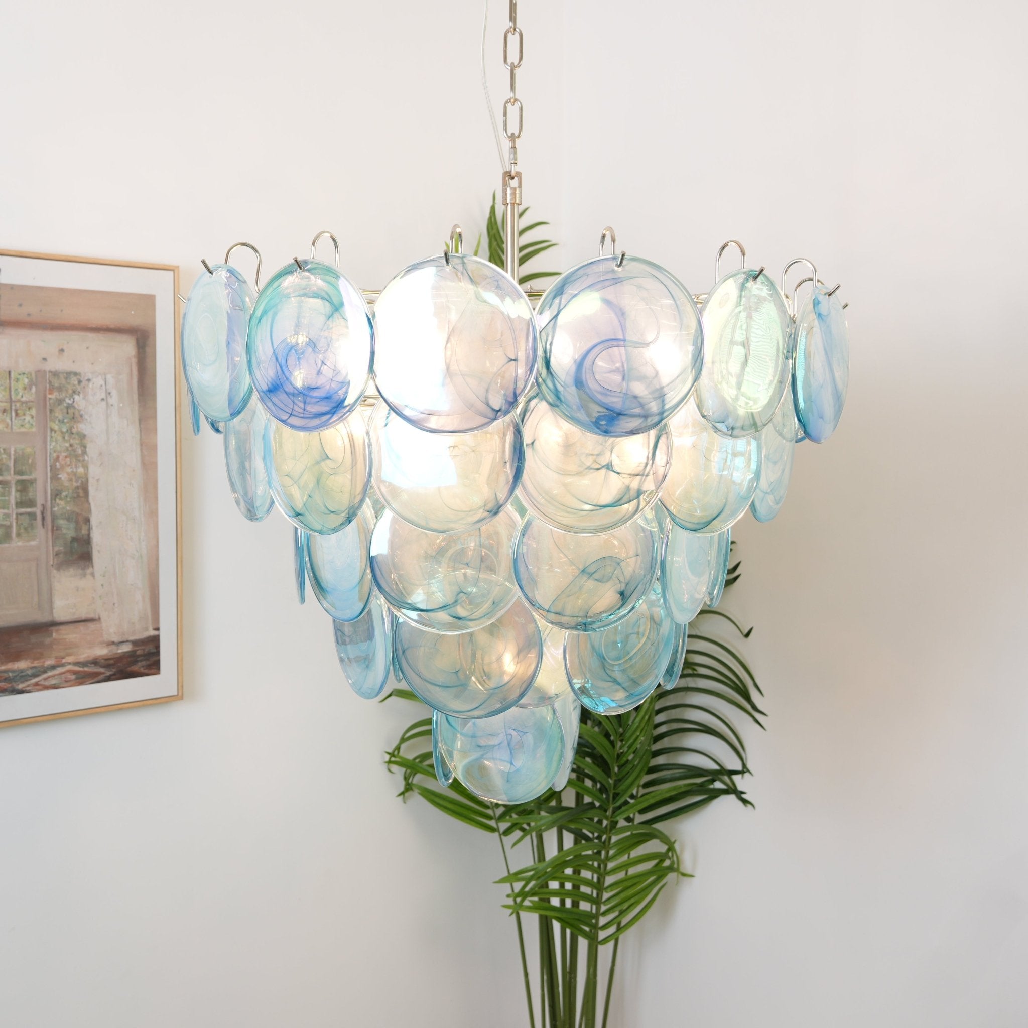 Blue Murano Glass Disc Chandelier - Elegant Venetian Style Ceiling Light Fixture for Dining Room, Living Room, or Bedroom Lighting