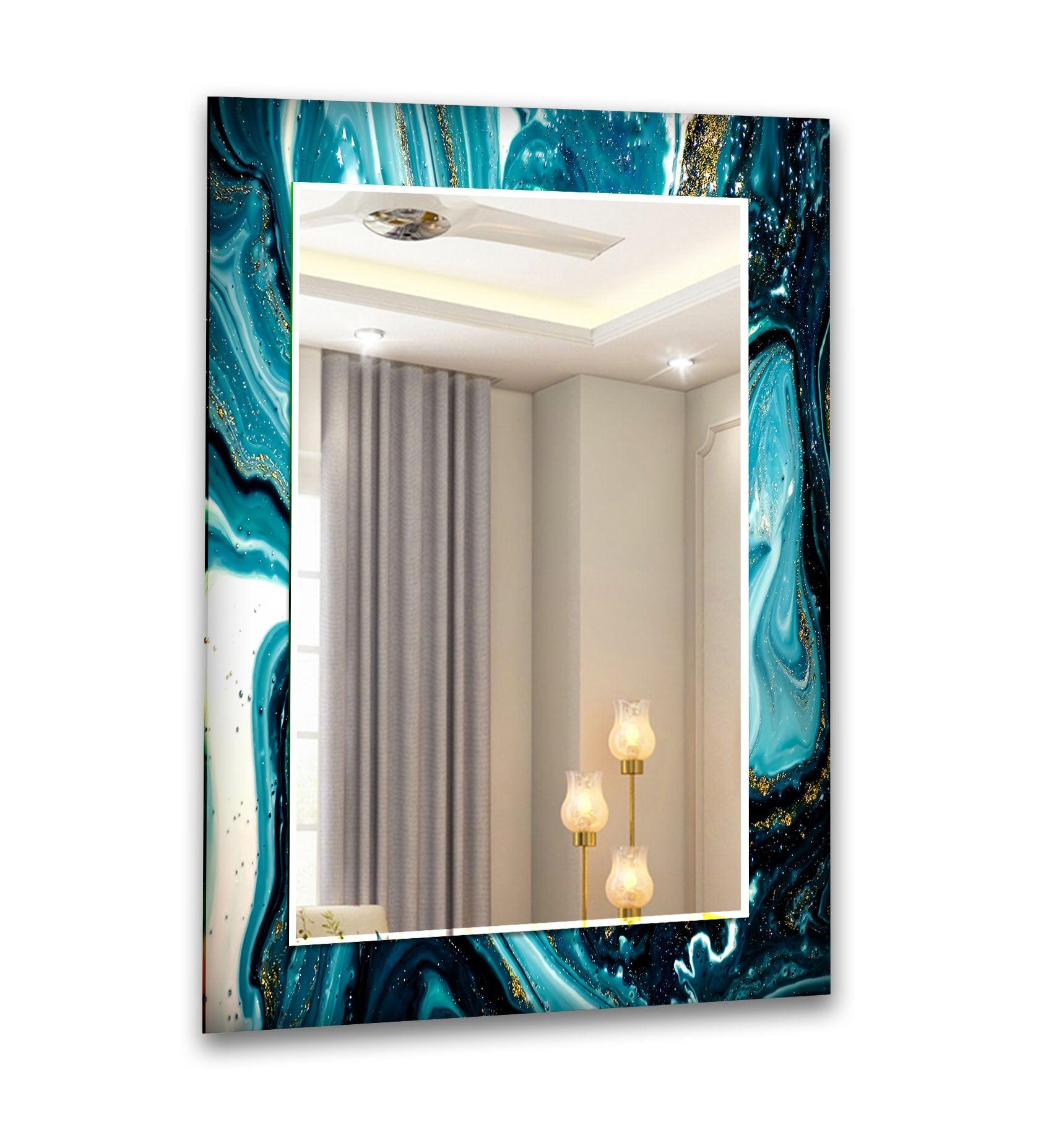 Stylish Blue and White Epoxy Wall Mirror - Modern Decorative Bathroom & Bedroom Vanity Mirror - Perfect for Home Decor, Dressing Areas, and Interior Design Accents