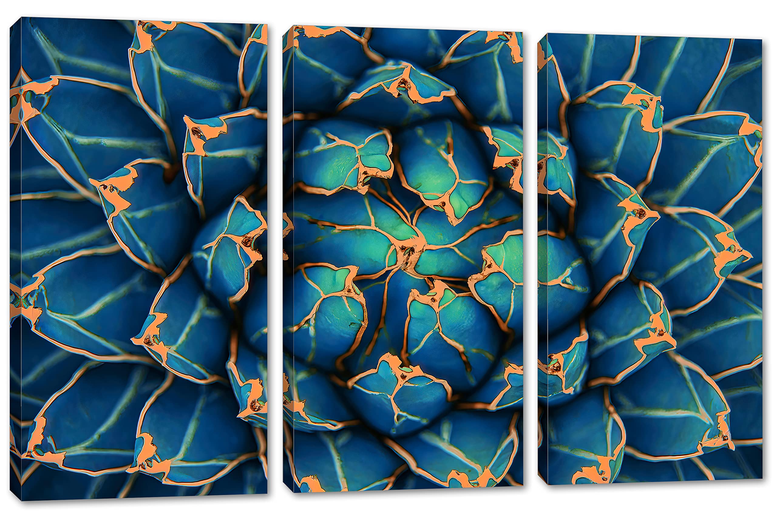 48x32 Agave Cactus Canvas Wall Art - 3 Panel Split Botanical Flower Painting in Capri Blue | Perfect for Living Room, Bedroom & Office Decor