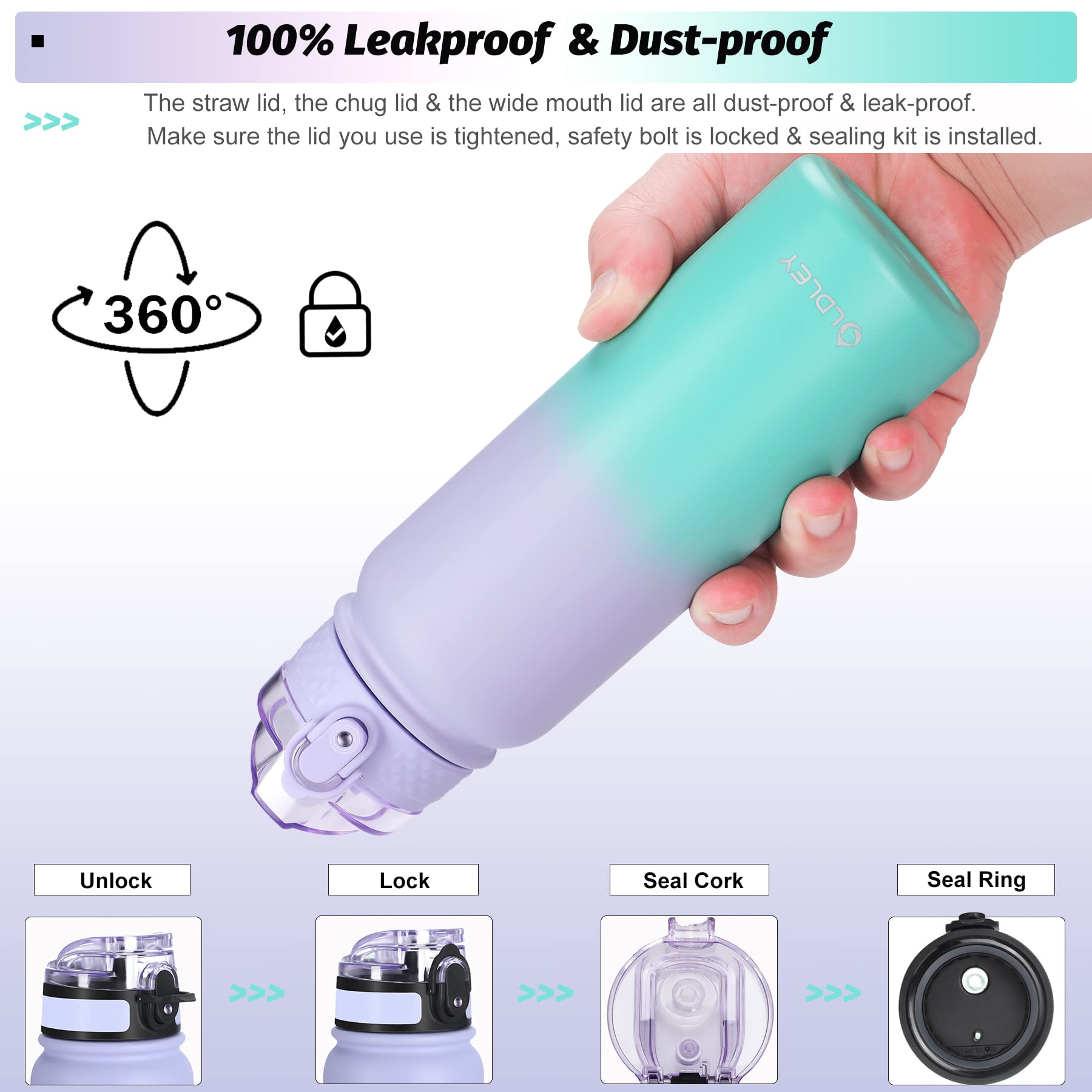 Oldley 20oz Insulated Stainless Steel Water Bottle with Straw - Double-Wall Vacuum Thermal Flask for Kids & Adults - School, Sports, Gym, Hiking, Travel - Purple & Green