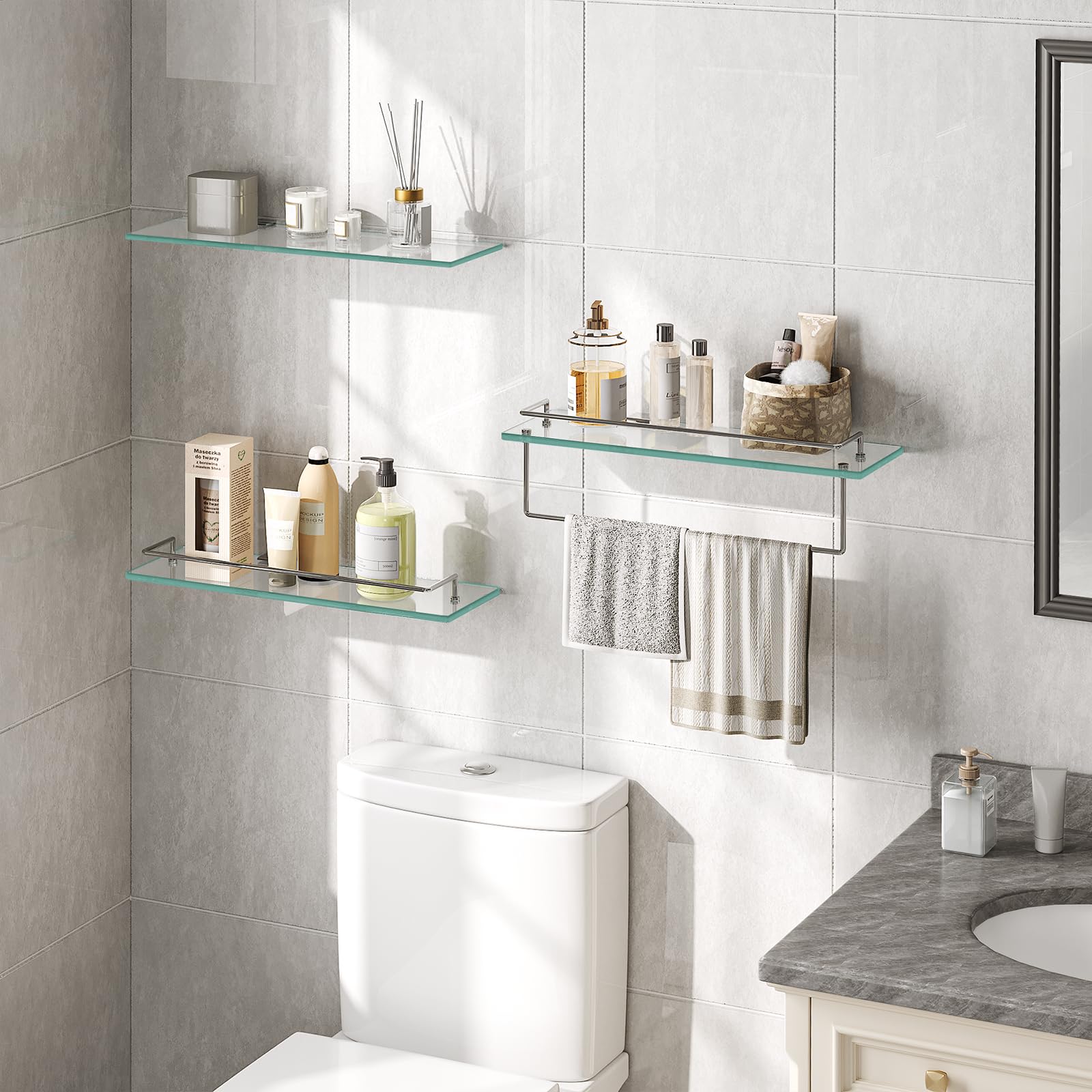 HOOBRO 15.7 Inch Floating Glass Shelves for Bathroom Wall - Set of 2 Tempered Stainless Steel Mounted Shelves for Toilet, Shower, Vanity Organization - Modern Silver Bathroom Decor SV02BJ01 - Perfect for Storing Toiletries, Cosmetics & Bath Essentials