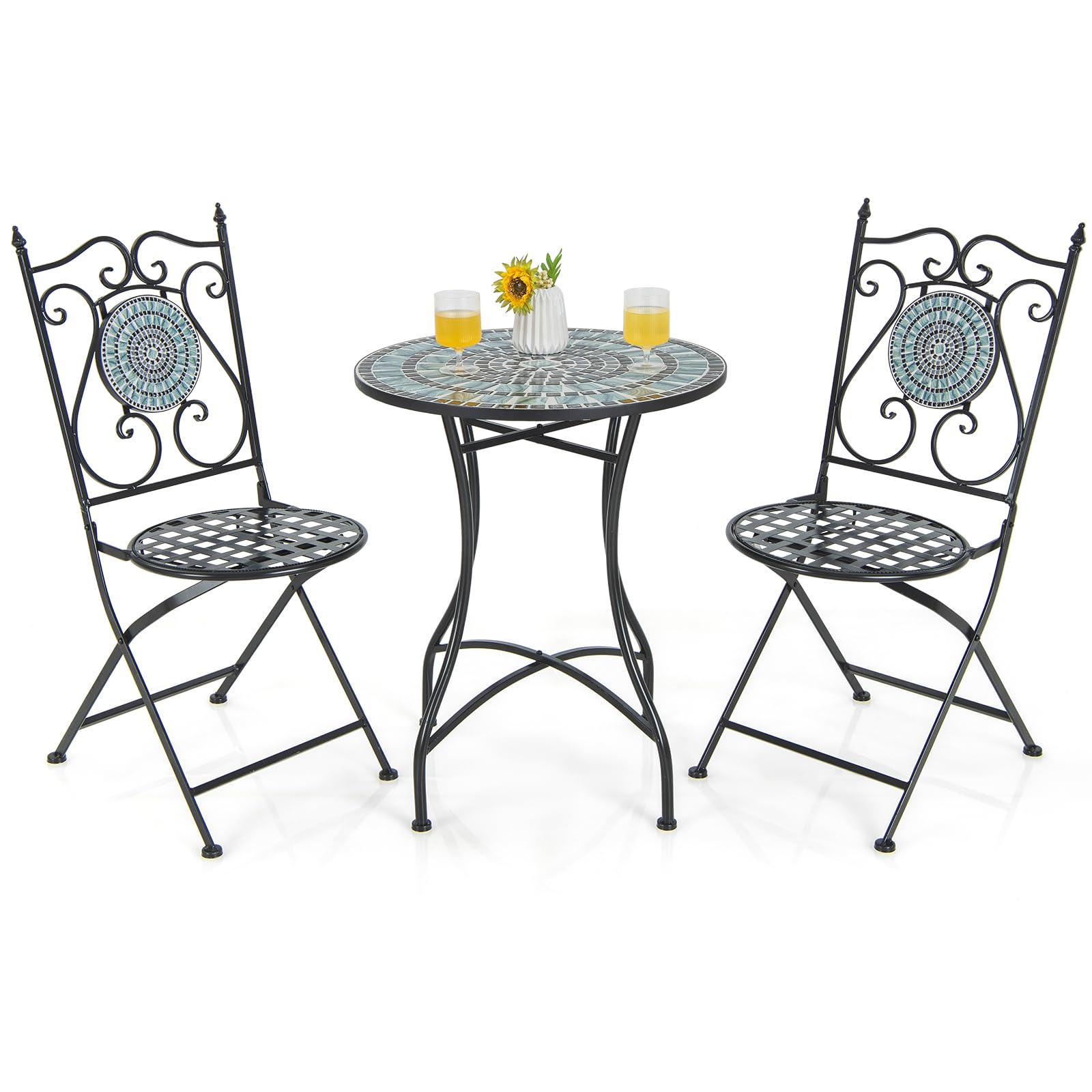 Giantex 3-Piece Bistro Table and Chairs Set - Round Mosaic Patio Dining Set with 2 Folding Chairs, Steel Frame Outdoor Furniture for Porch, Balcony, Garden - Perfect for Morning Coffee, Outdoor Dining & Small Space Entertaining