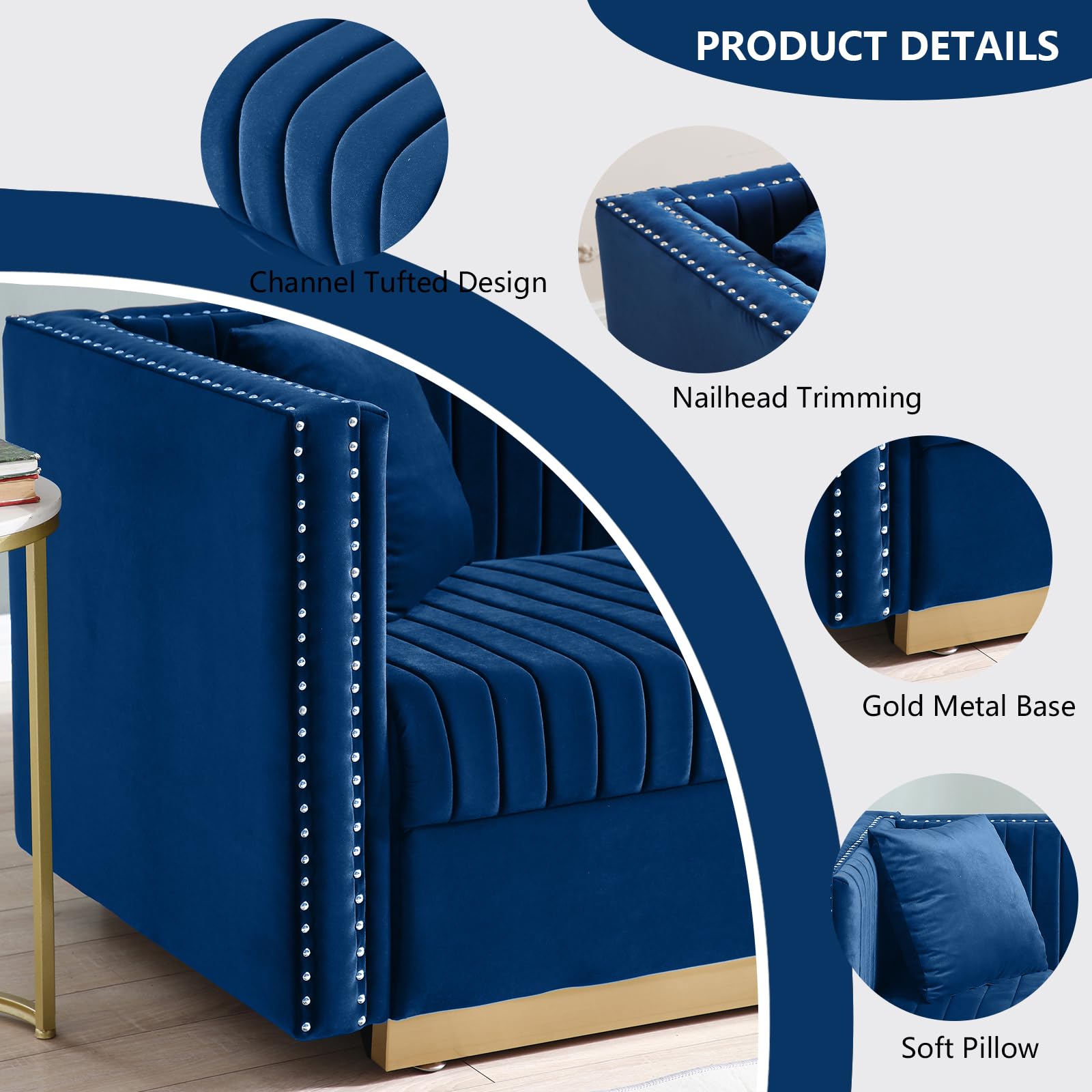 KIVENJAJA 2-Piece Velvet Sofa Set - Modern Channel Tufted Loveseat & Couch with 4 Pillows, Nailhead Trim & Gold Base in Navy Blue - Perfect for Living Room, Lounge & Small Spaces