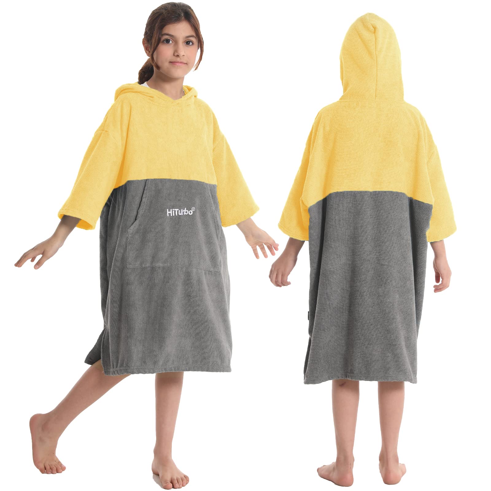 Hiturbo Kids Changing Towel Robe - Super Absorbent Quick Dry Surf Poncho with 3/4 Sleeves, Soft Microfiber Bath Towel for Beach, Pool & Swimming - Perfect for Boys & Girls (Yellow/Gray)