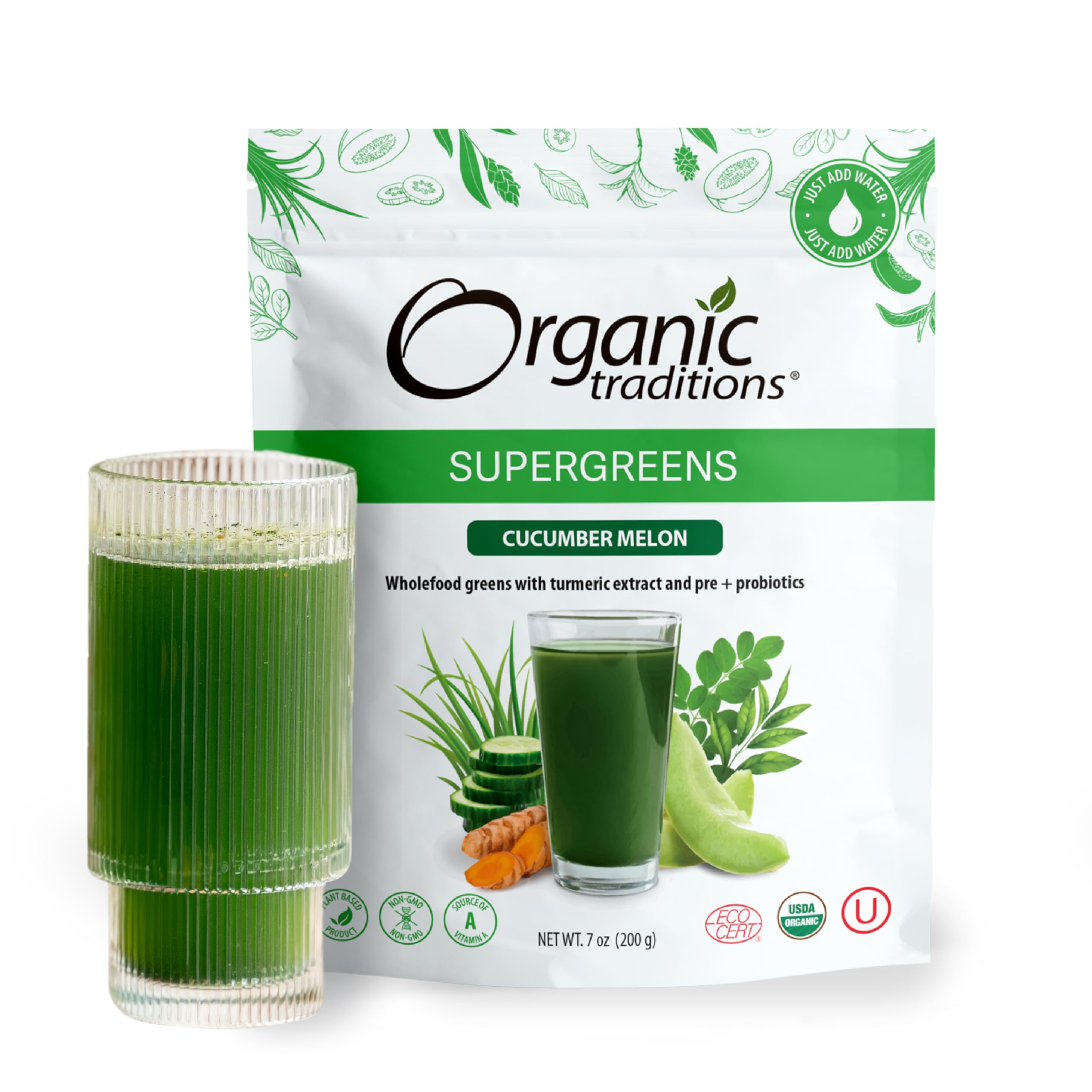 Organic Traditions Super Greens Powder with Turmeric - Cucumber Melon Flavored Organic Superfood Supplement, 200g (7oz) | Immune Support & Energy Boost for Active Lifestyles