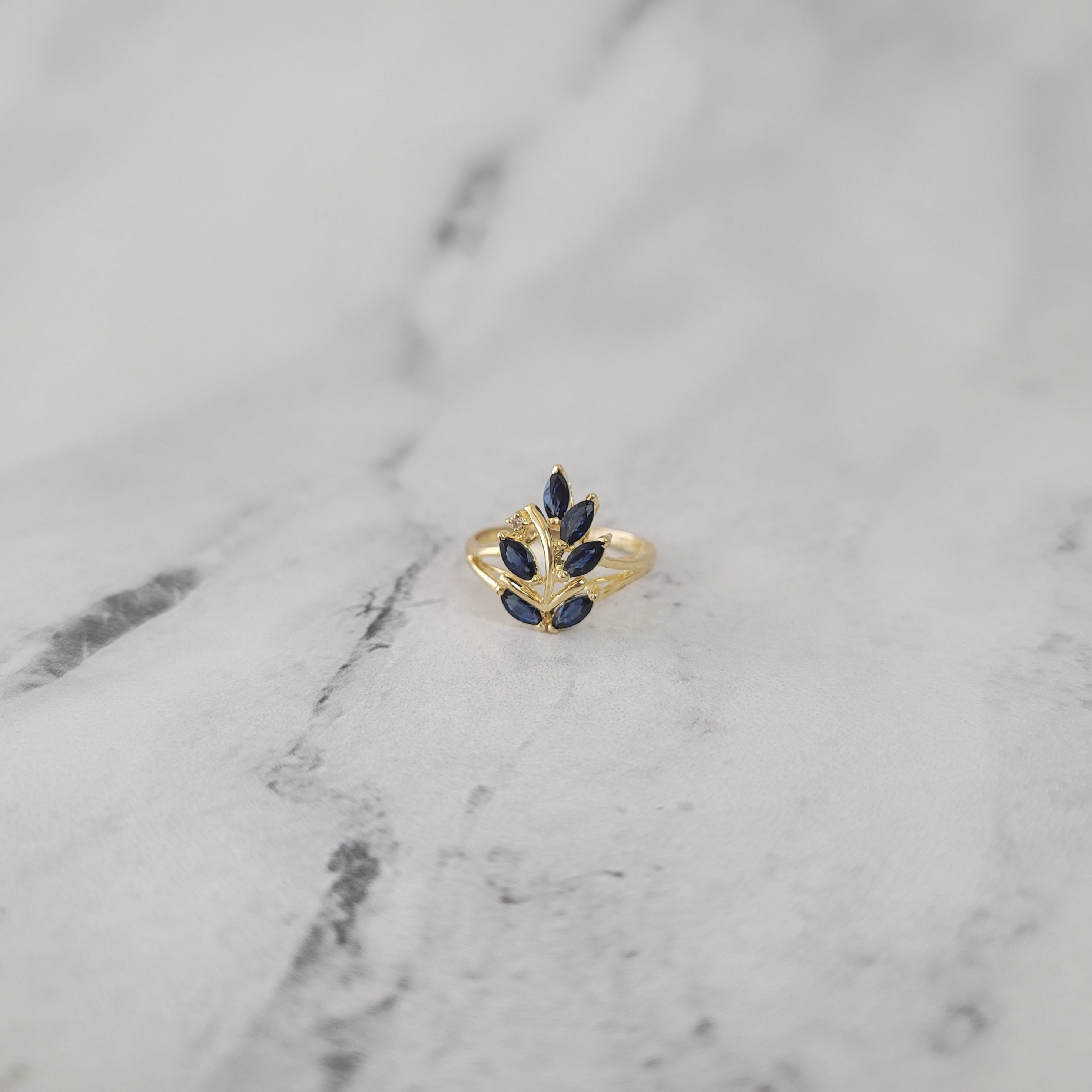 14K Yellow Gold Marquise Sapphire Floral Cluster Ring for Women – Elegant Jewelry Gift for Wedding, Anniversary & Special Occasions