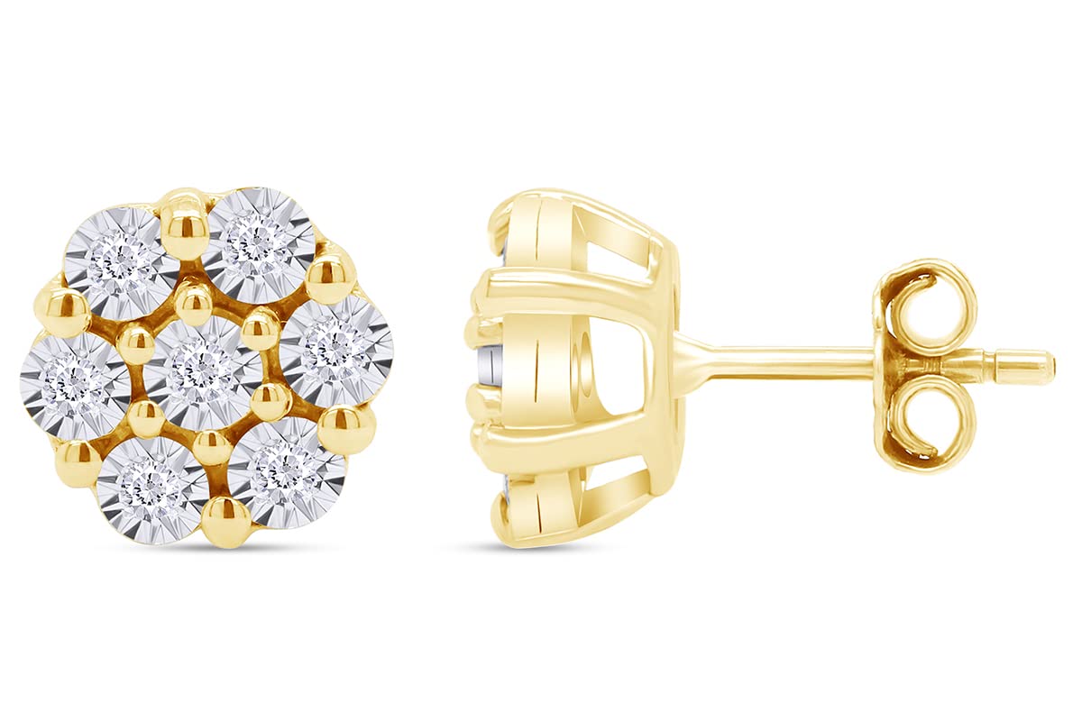 1/10 Carat Round Cut White Natural Diamond Flower Cluster Stud Earrings for Women - 14k Gold Plated 925 Sterling Silver Jewelry (I2-I3 Clarity, I-J Color, 0.10 Cttw) - Perfect for Weddings, Anniversaries & Special Occasions