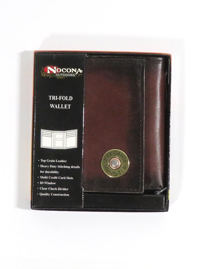 Nocona Men's 12 Gauge Outdoor Tri-Fold Leather Wallet - Genuine Brown Cowhide RFID Blocking Bifold Wallet for Everyday Carry, Travel & Outdoor Adventures