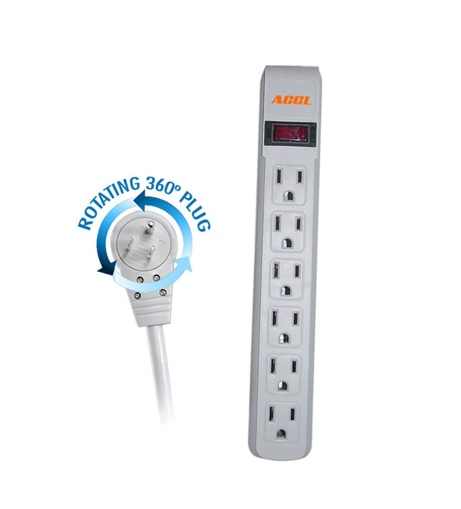 3 Prong Surge Protector with 15ft Power Cord - 360° Rotating Plug, 6 Outlets, UL Listed, Gray Plastic Body (5 Pack) - Perfect for Home Office, Gaming Setup & Electronics Protection