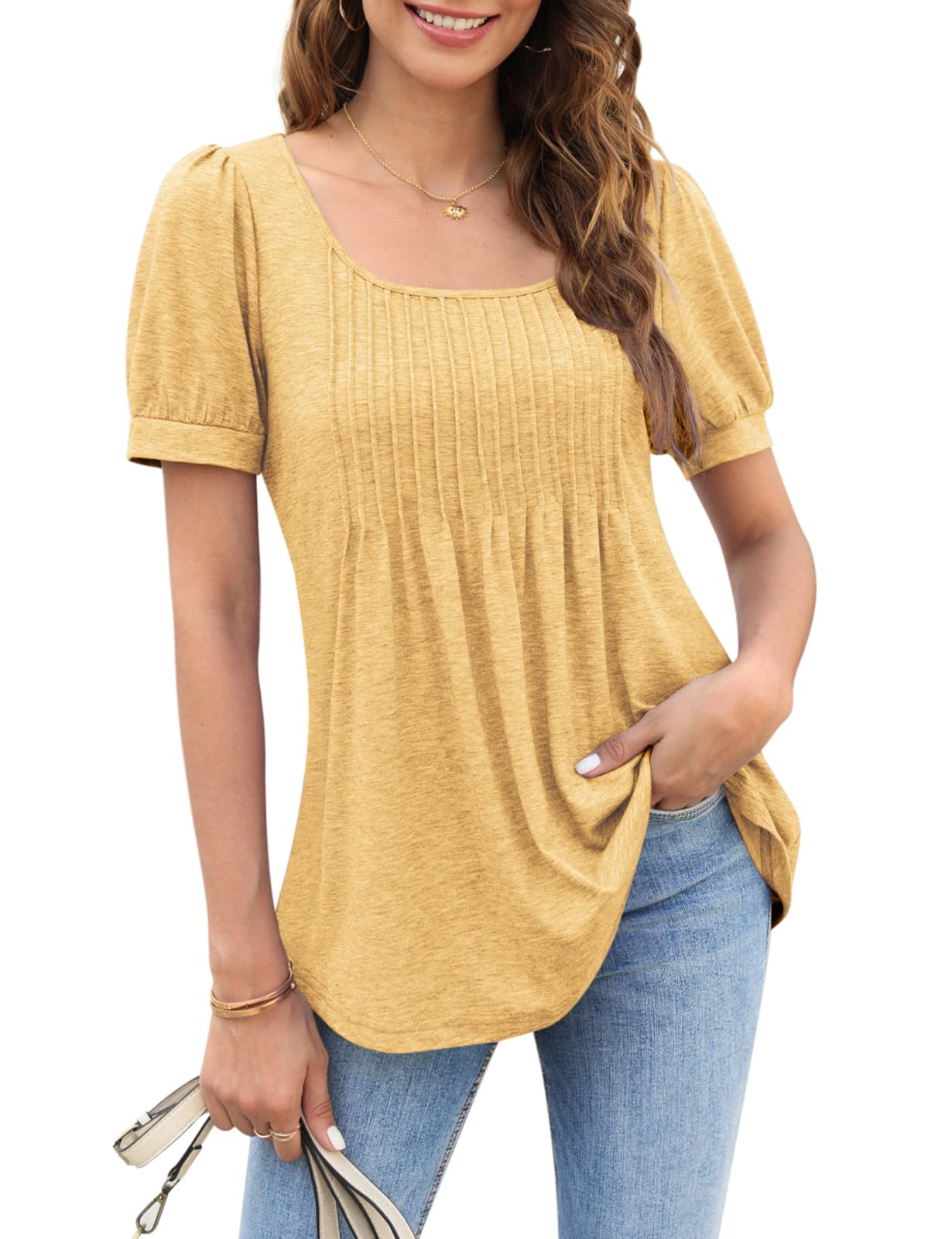 Zwurew Women's Summer Casual Puff Short Sleeve T-Shirt - Square Neck Pleated Flowy Tunic Top for Leggings (Sizes S-2XL) | Trendy Blouse for Outfits, Beach Wear & Daily Fashion
