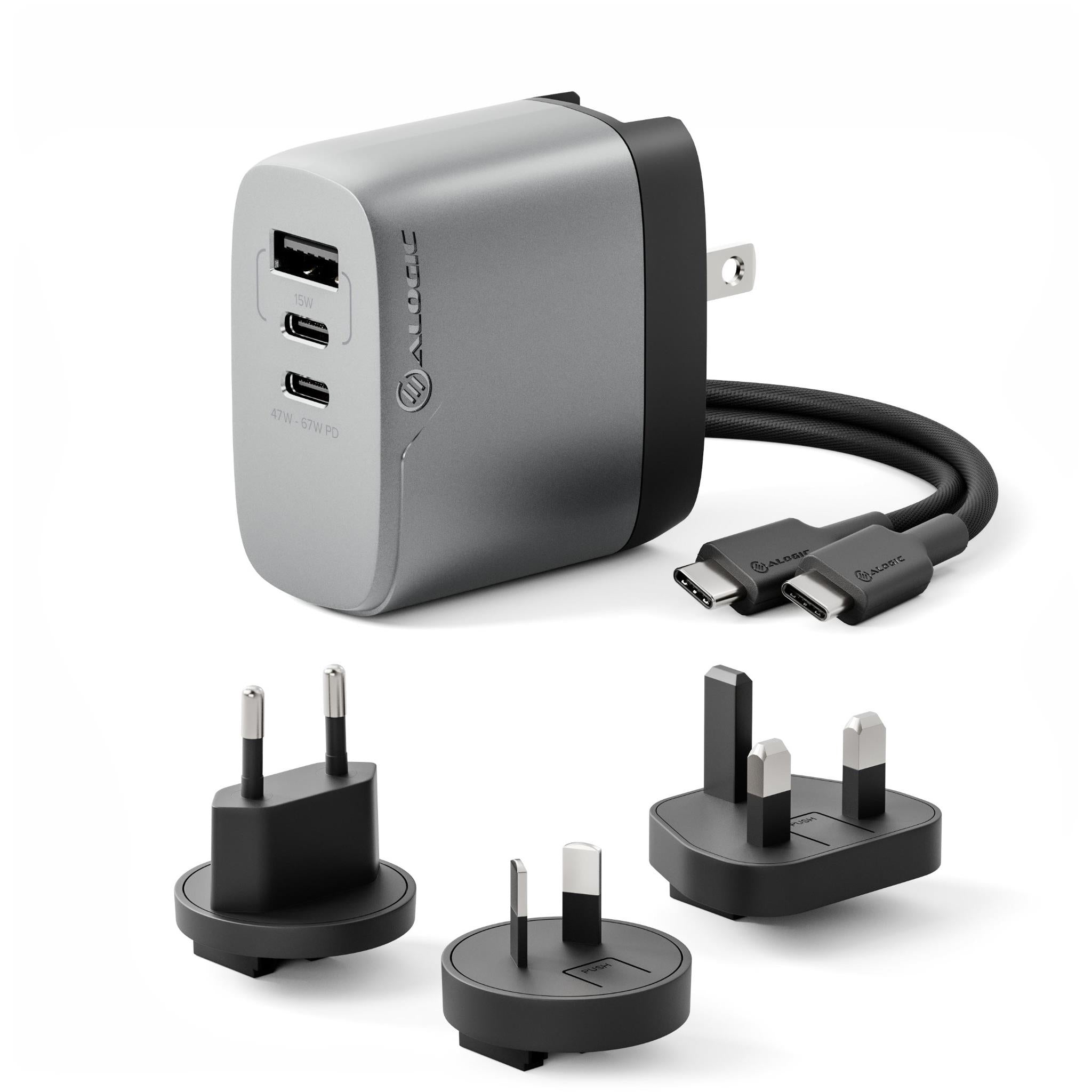 ALOGIC 67W GaN Fast Charger - 3-Port USB C Travel Adapter with Multi-Country Plugs | Compact & Powerful Charging for Laptop, Phone & Tablet | Perfect for Business Travelers & Digital Nomads (Space Grey)
