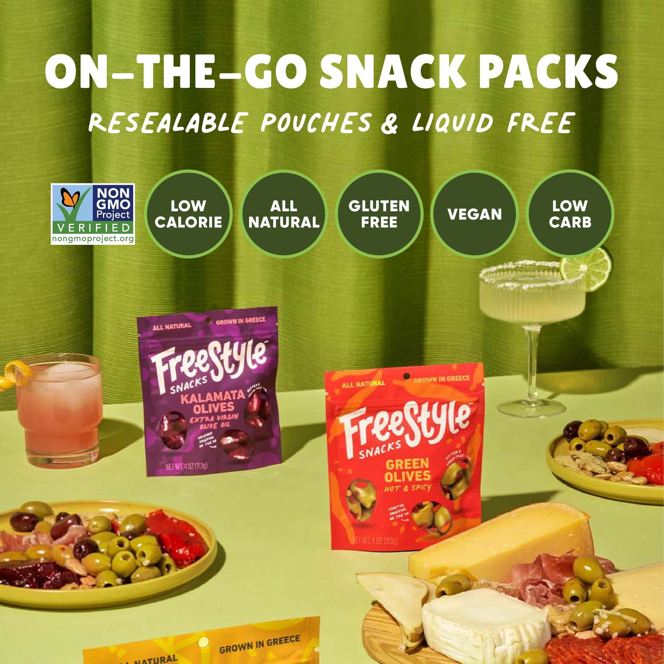 Freestyle Snacks Olive Snack Packs - Premium Pitted Kalamata & Green Olives from Greece, Jumbo-Sized, All Natural, Non-GMO, Paleo & Keto Friendly, Sugar-Free Healthy Snack - Variety Pack, 4oz (3 Pack) - Perfect for Lunch Boxes, Office Snacks & Party Platters