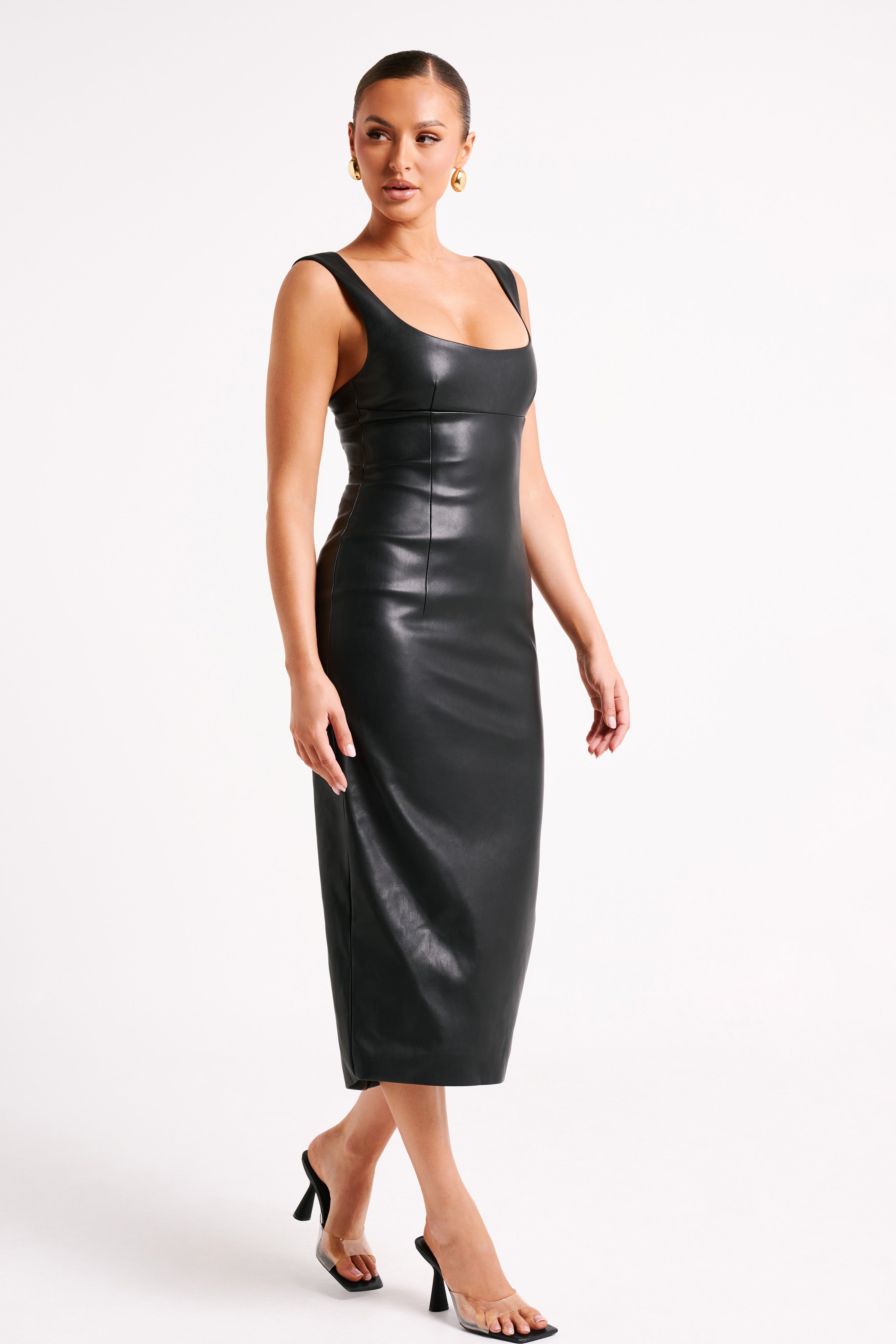 Cynthia Faux Leather Midi Dress for Women - Elegant Black Bodycon Dress for Party, Date Night & Office Wear