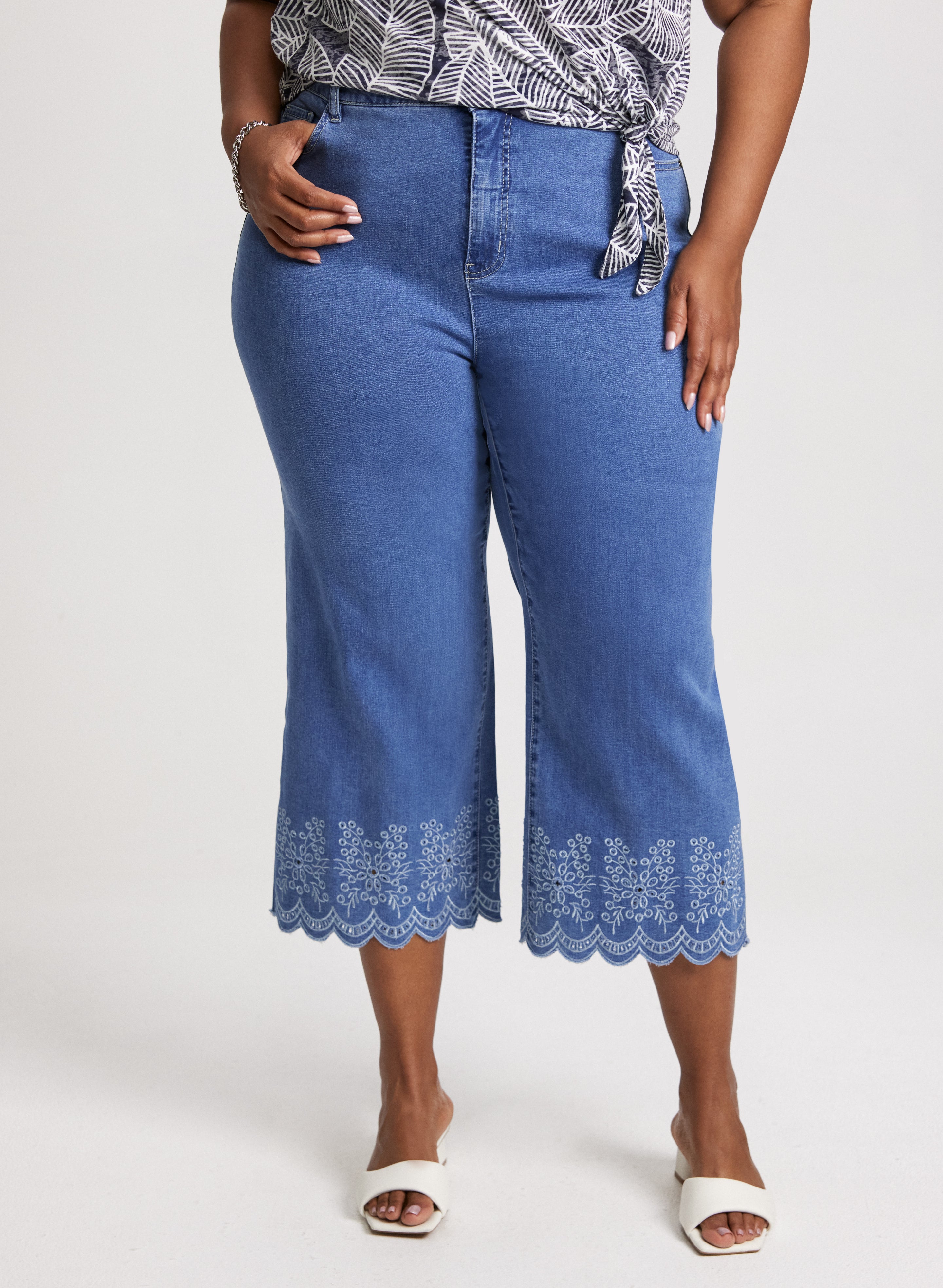 Embroidered Hem Culotte Jeans for Women - High Waist Wide Leg Denim Pants | Casual & Boho Style | Perfect for Summer Outfits, Beach Vacations, and Streetwear Fashion