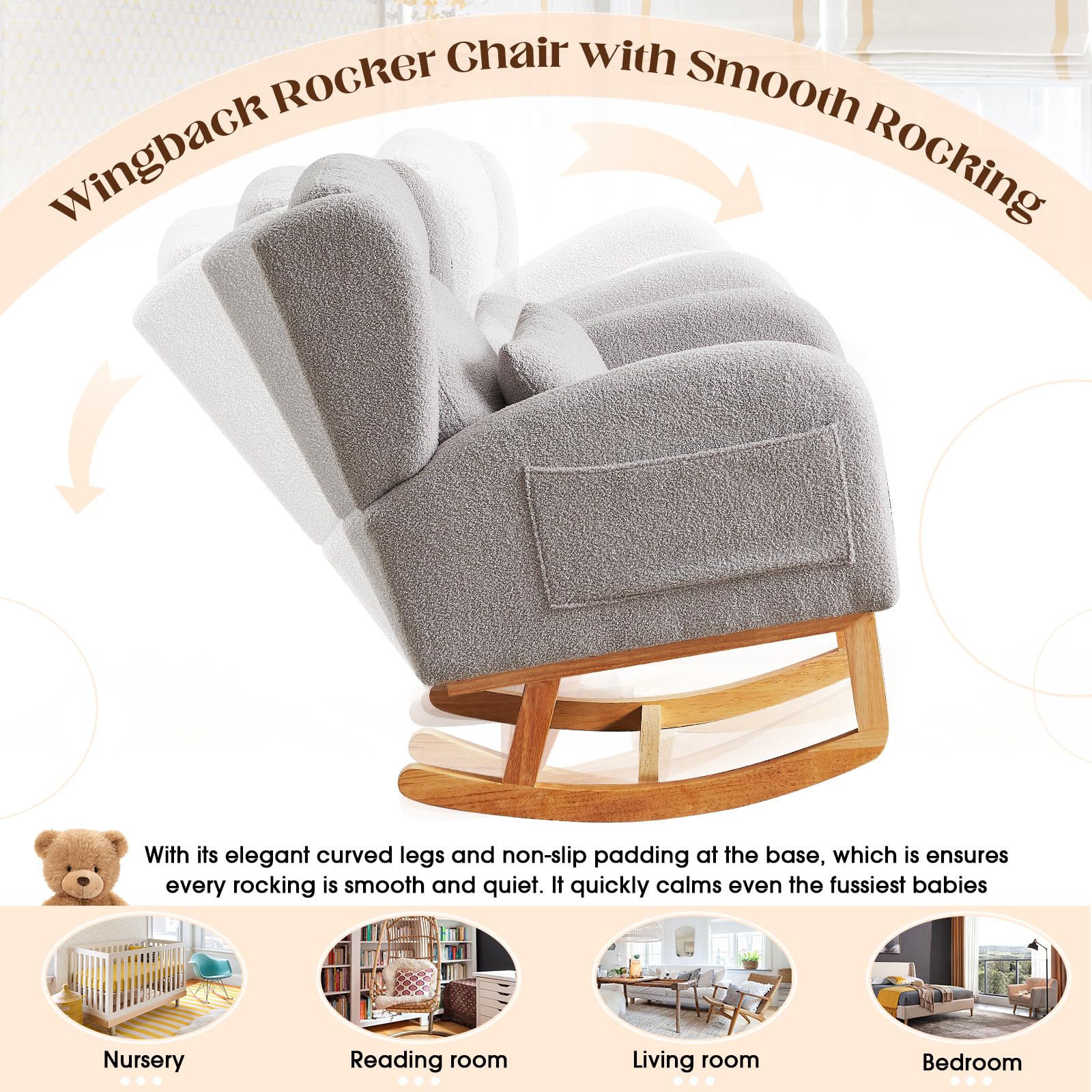 Antetek Modern Grey Teddy Upholstered Nursery Rocking Chair - High Backrest Wingback Accent Armchair with Lumbar Support - Perfect for Nursery, Living Room & Bedroom Relaxation (Grey)