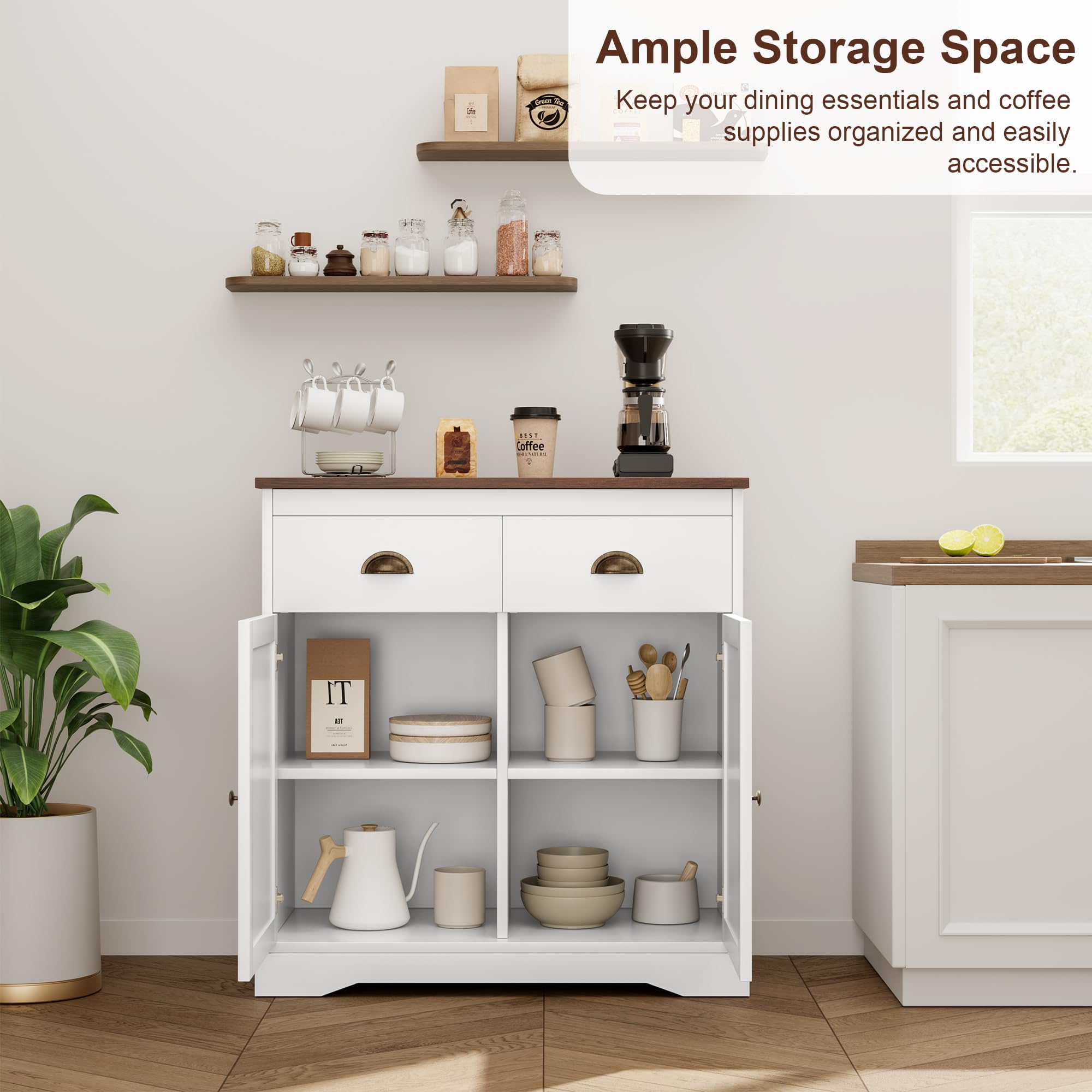 Modern Farmhouse Coffee Bar Cabinet - White Kitchen Buffet with 2 Drawers & Adjustable Shelf, Double Door Storage for Dining Room or Home Office | Perfect for Coffee Station, Bar Cart, or Kitchen Organization