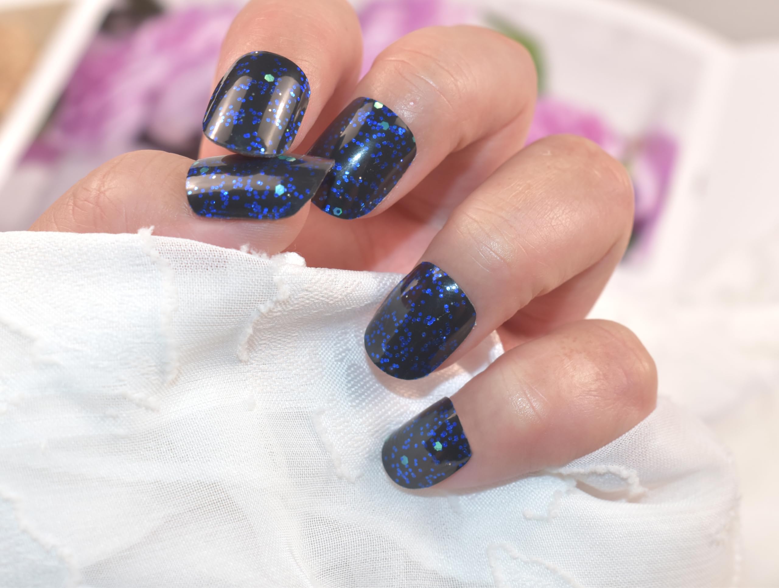 Semi Cured Gel Nail Stickers - Black & Blue Sparkly Sequins Nail Polish Strips | DIY Manicure Kit for Women | Perfect for Parties, Weddings & Special Occasions