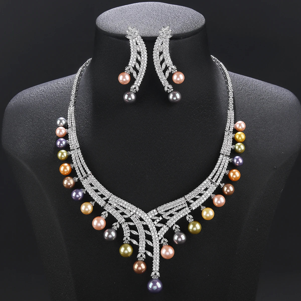 Luxury White Pearl Necklace & Earrings Set with Cubic Zirconia - Elegant Wedding Bridal Jewelry for Women - Perfect for Weddings, Parties, and Special Occasions