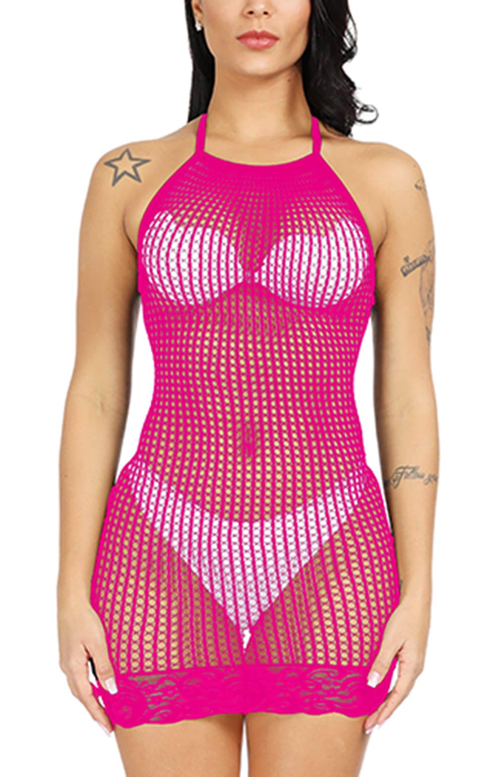 Sexy Women's Halter Fishnet Babydoll Lingerie Chemise Nightwear - One Size Mini Teddy Dress for Valentine's Day, Honeymoon & Boudoir Photography