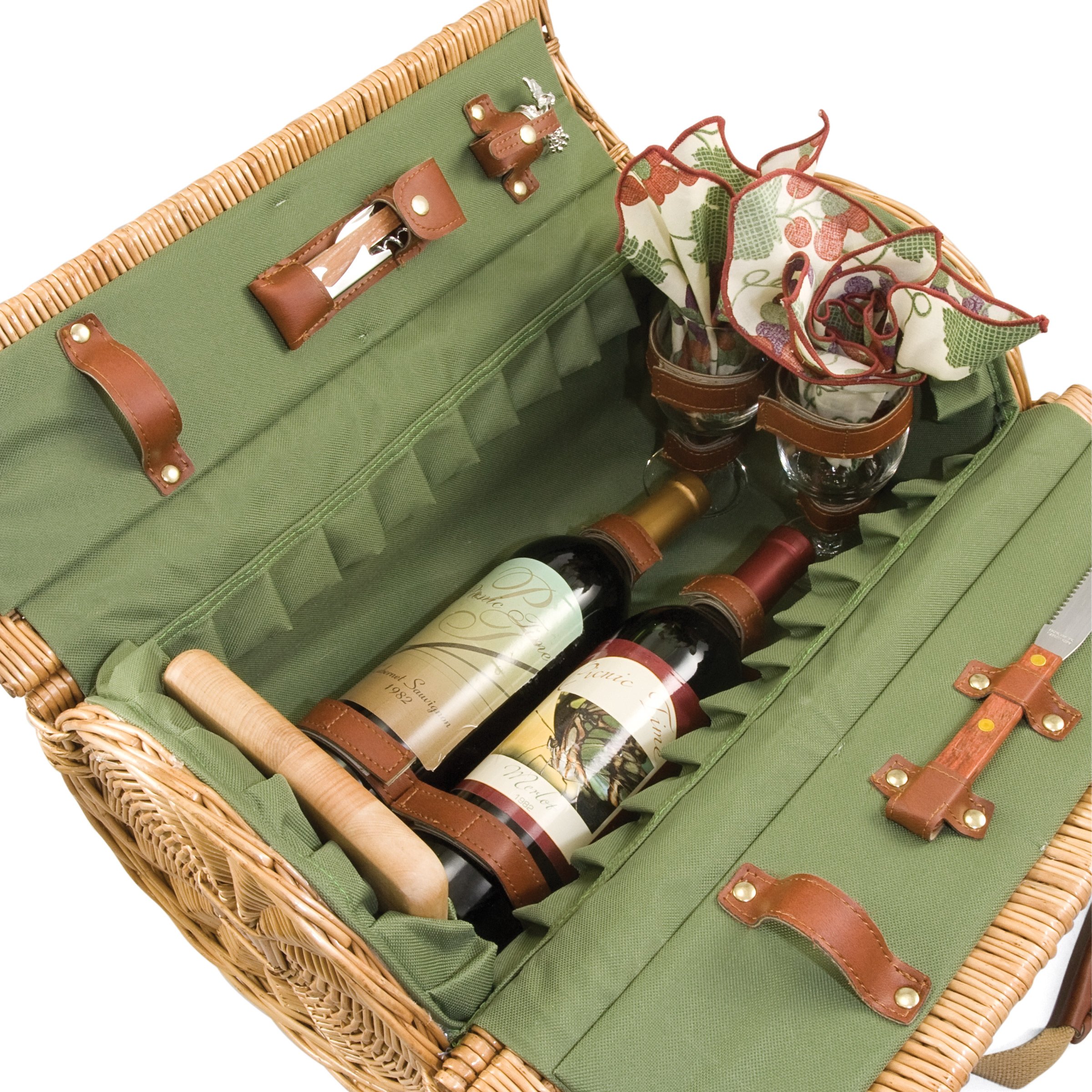 PICNIC TIME Verona Wine & Cheese Picnic Basket - Wicker Wine Tote with Picnic Set - Pine Green 18