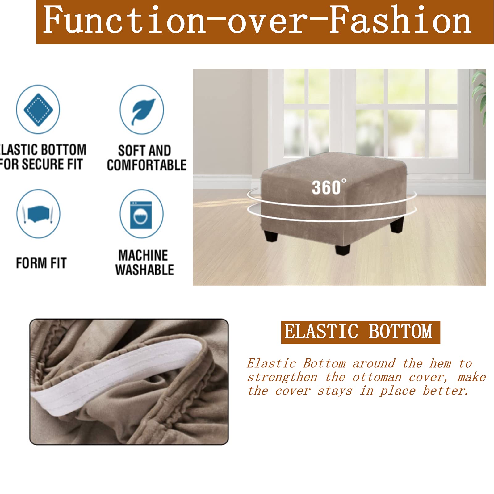 Stretch Velvet Ottoman Slipcover - Square Footstool Cover with Elastic Bottom for Folding Storage Ottoman | Taupe | Perfect for Living Room, Bedroom & Home Decor